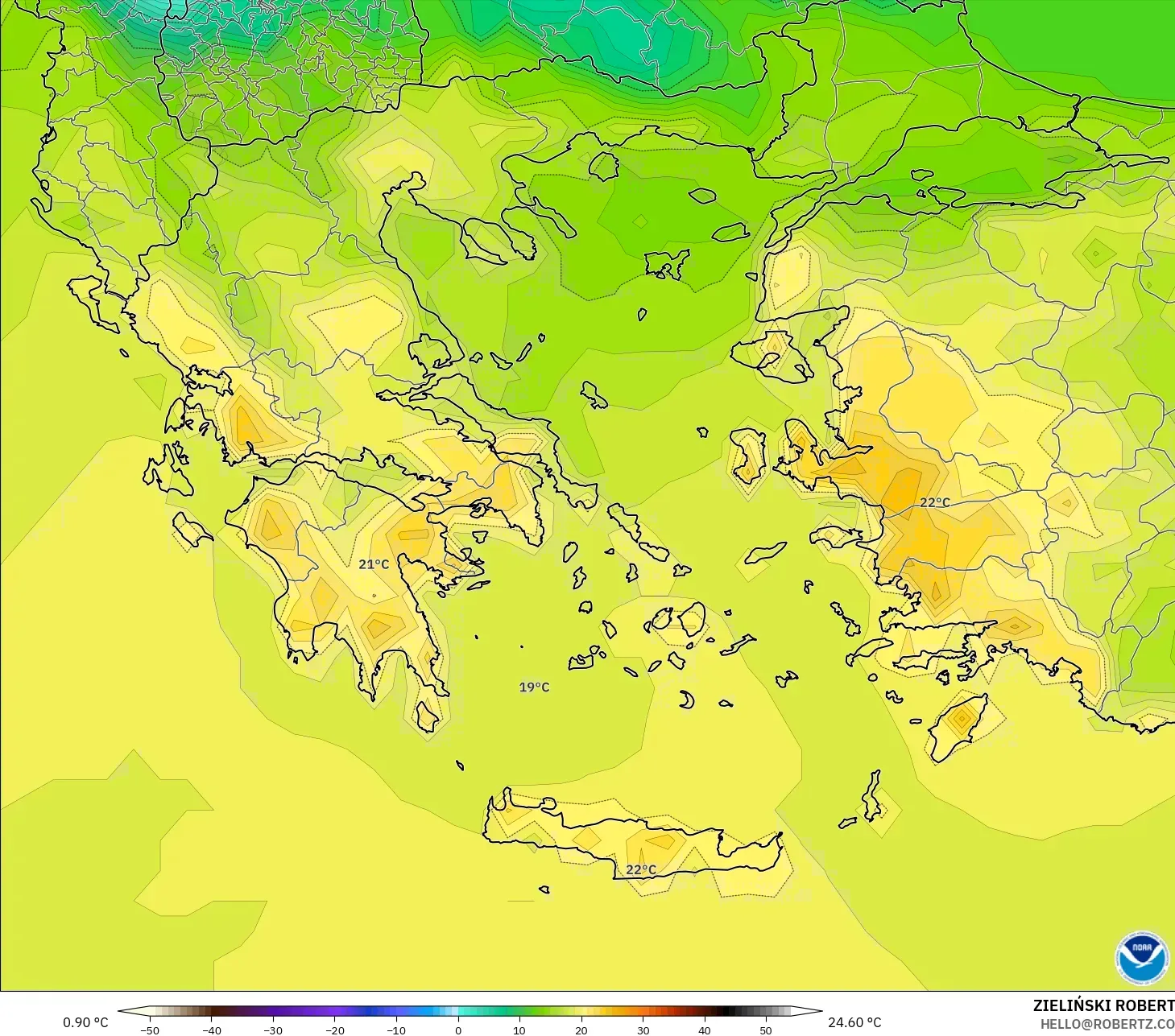 GFS modelo - Grécia, Temperatura a 2 m