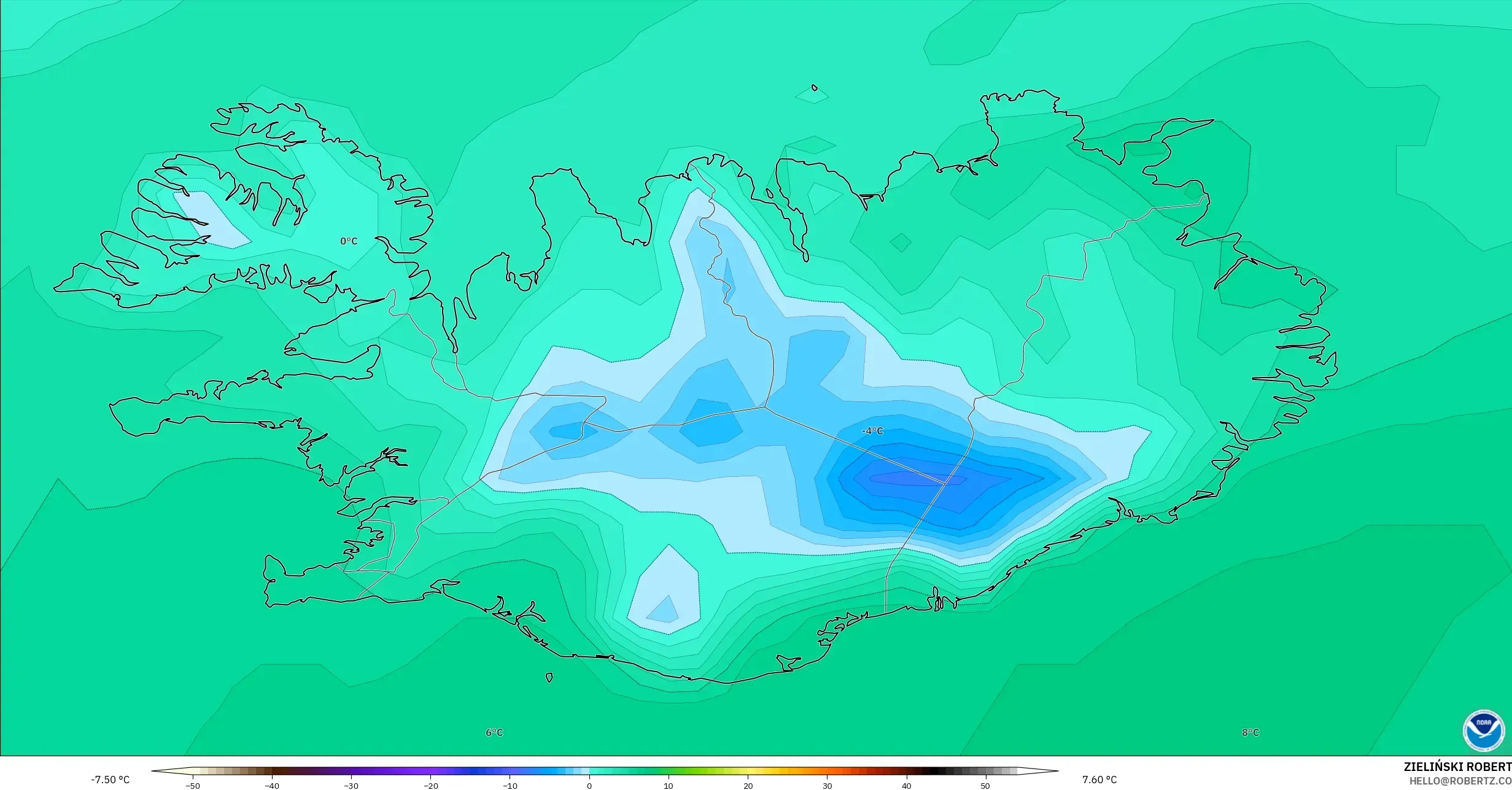GFS modelo - Islândia, Temperatura a 2 m