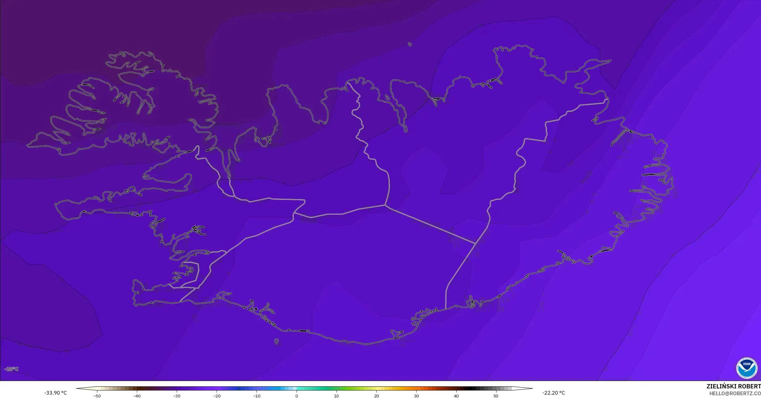 GFS modelo - Islândia, Temperatura a 500 hPa