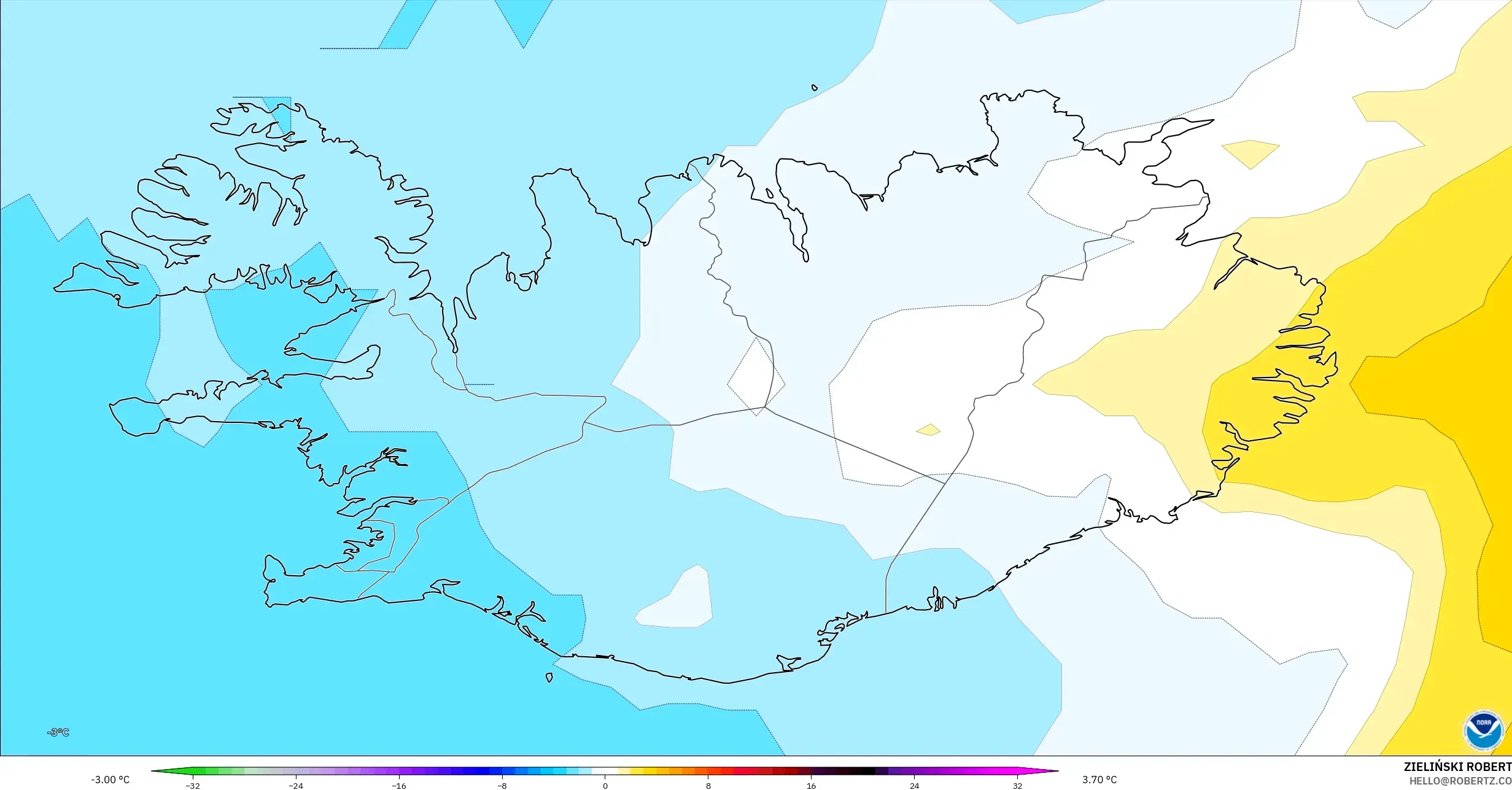 GFS modelo - Islândia, Anomalia de temperatura a 850 hPa