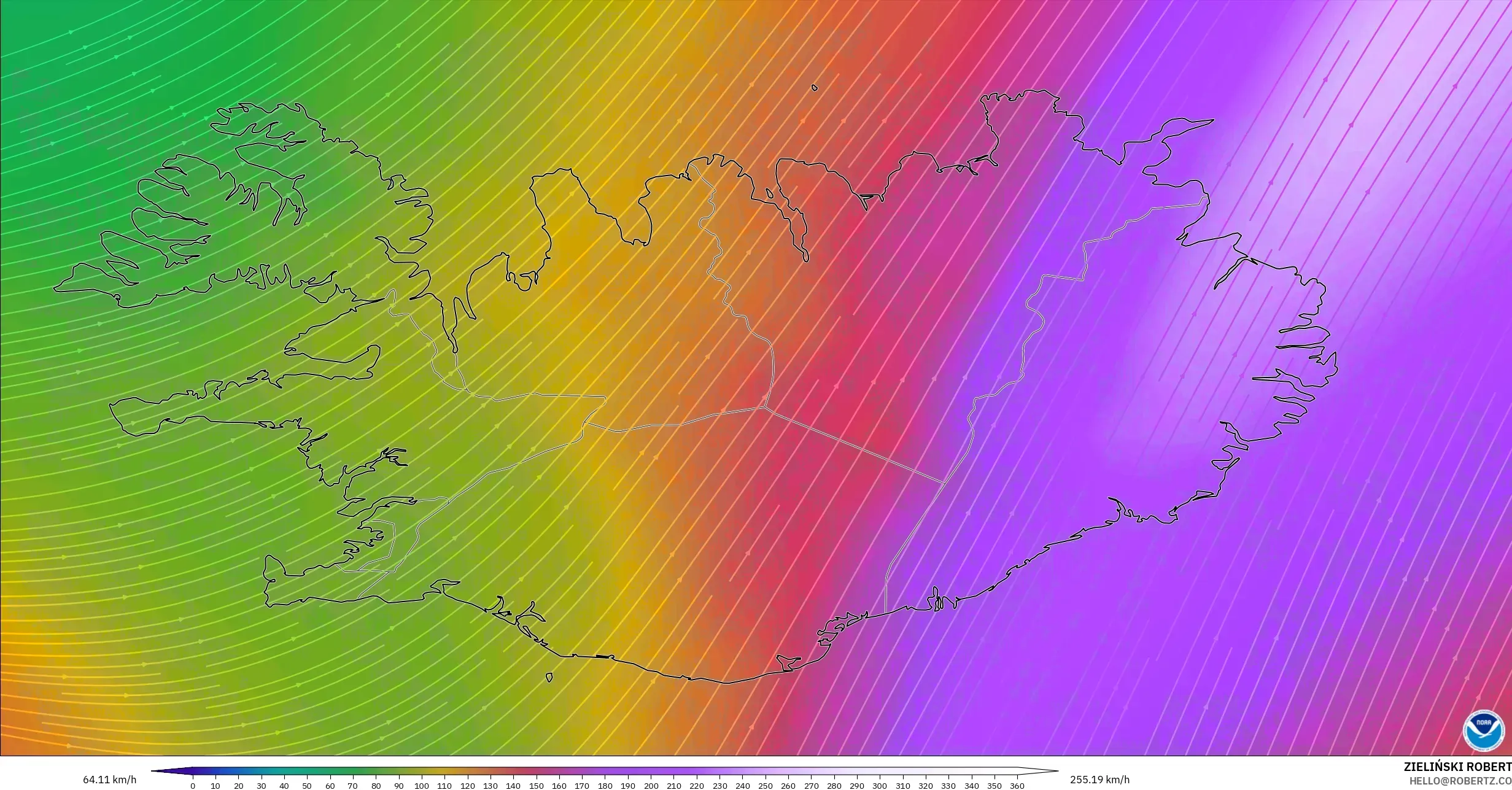 GFS modelo - Islândia, Vento a 300 hPa (corrente em jato)