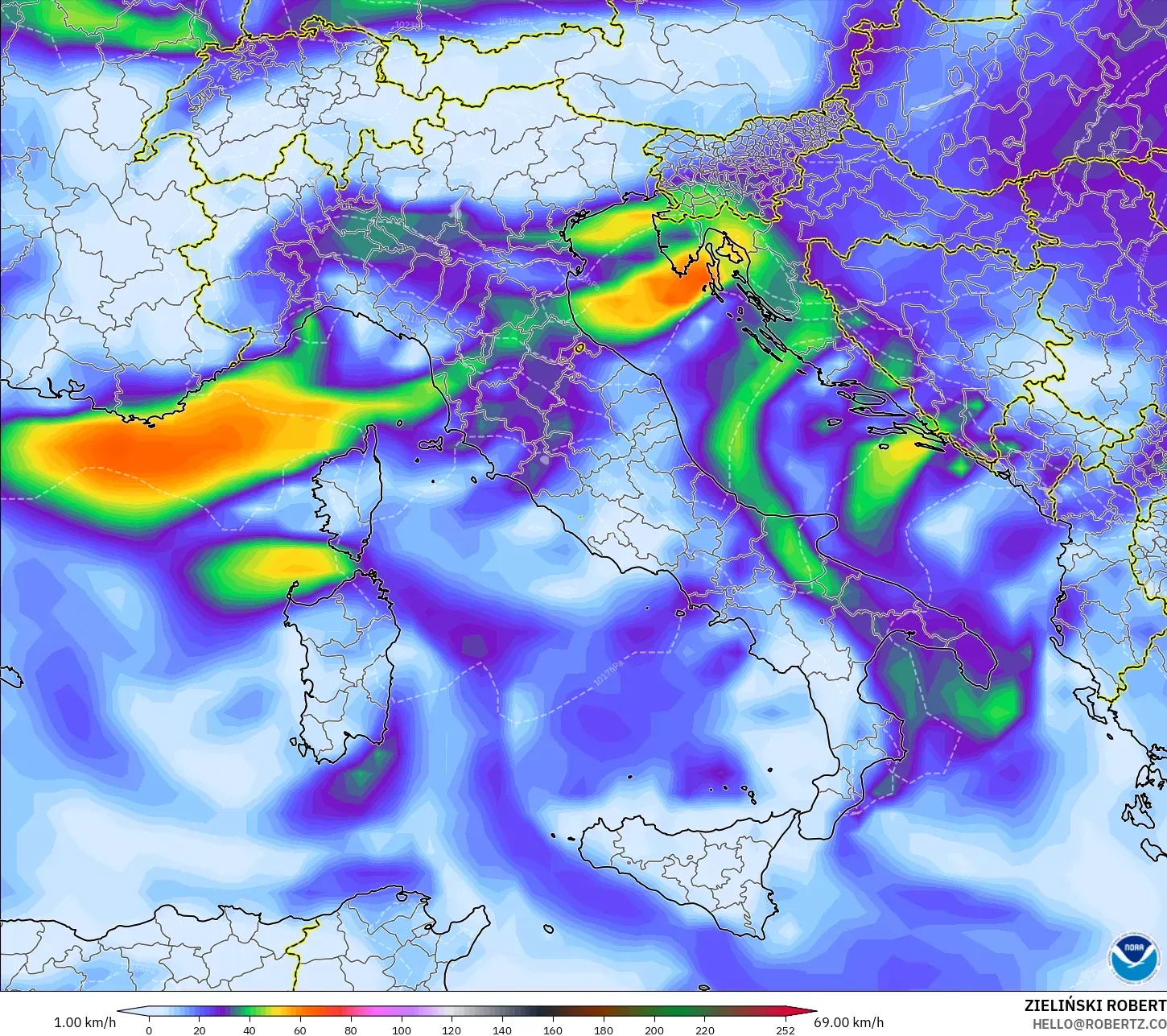 GFS modelo - Itália, Rajadas de vento