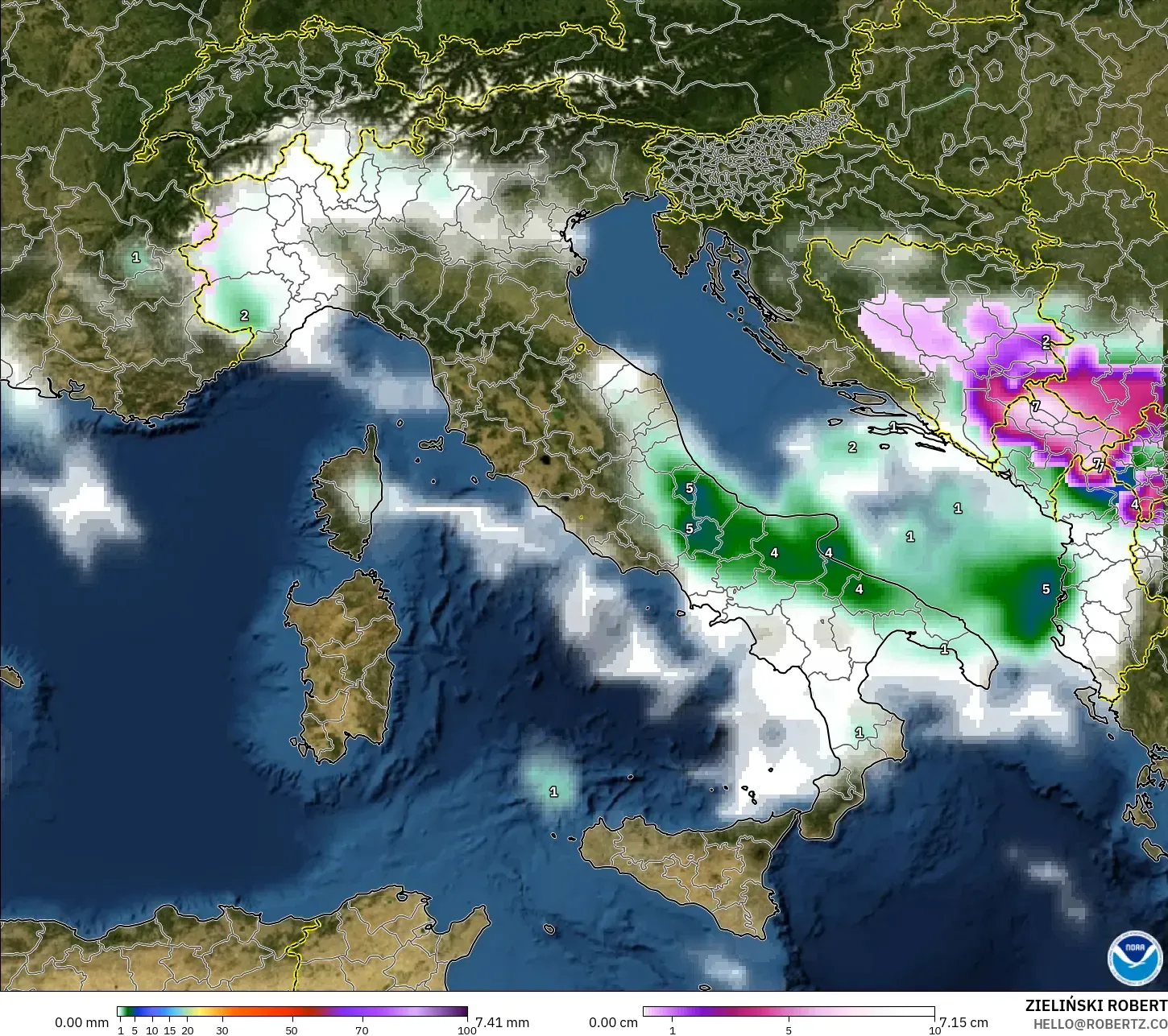 GFS modelo - Itália, Precipitação, nuvens e pressão