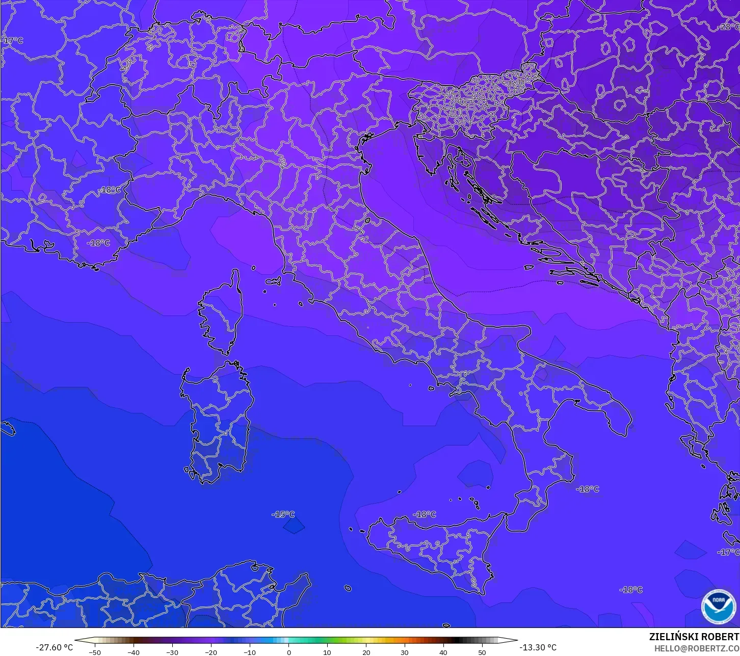 GFS modelo - Itália, Temperatura a 500 hPa