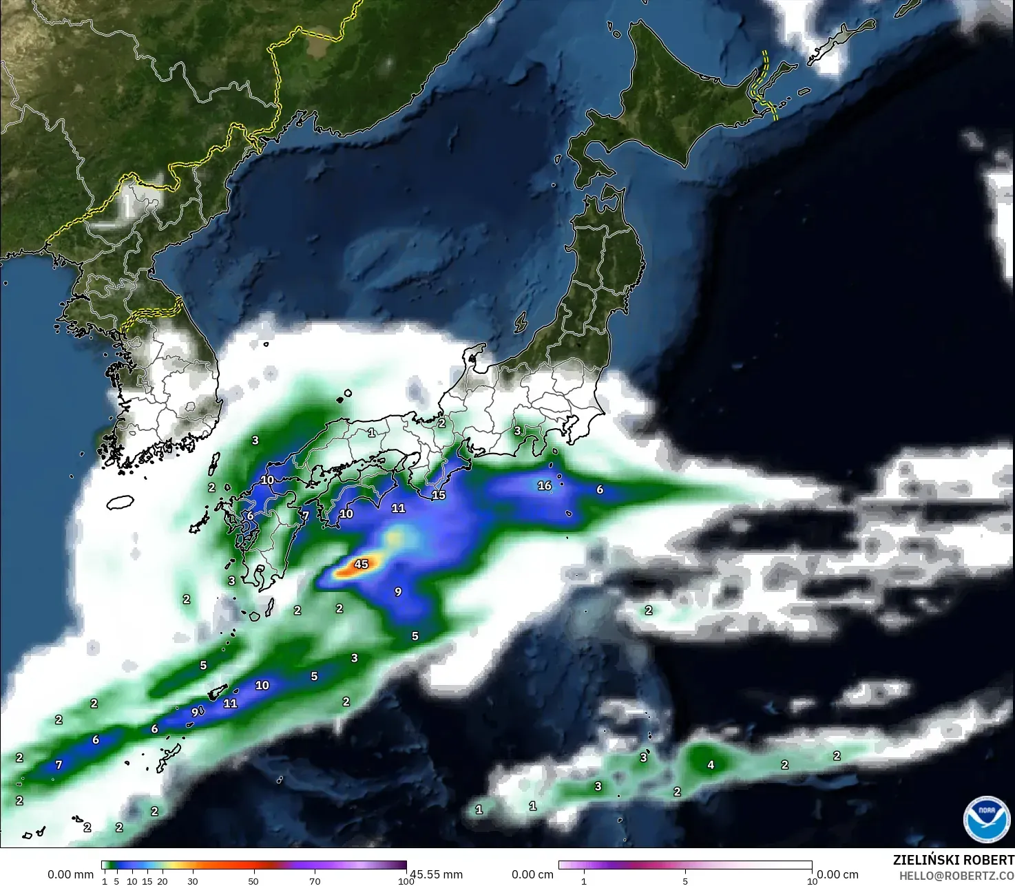 GFS modelo - Japão, Precipitação, nuvens e pressão