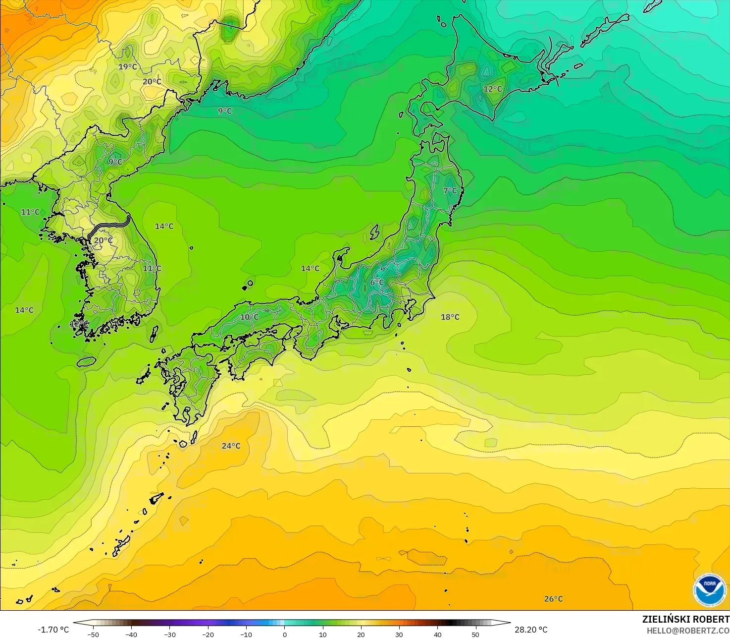 GFS modelo - Japão, Temperatura a 2 m
