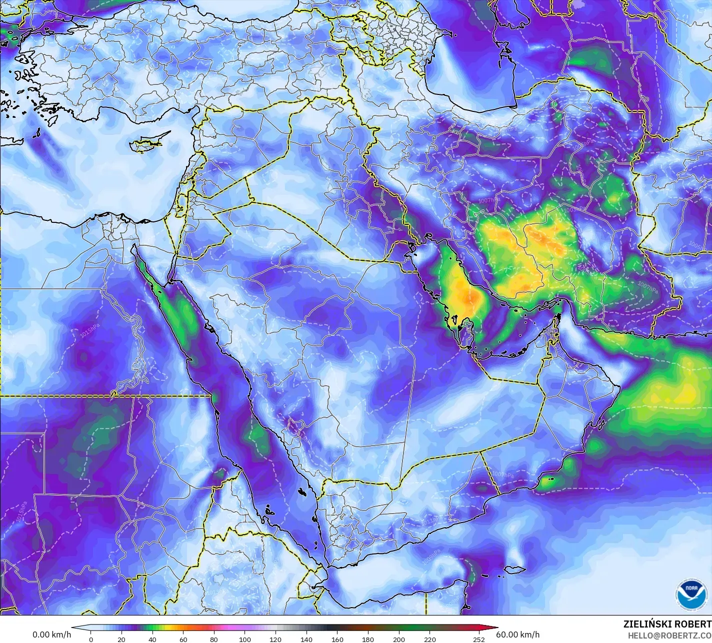 GFS modelo - Oriente Médio, Rajadas de Vento Máximas