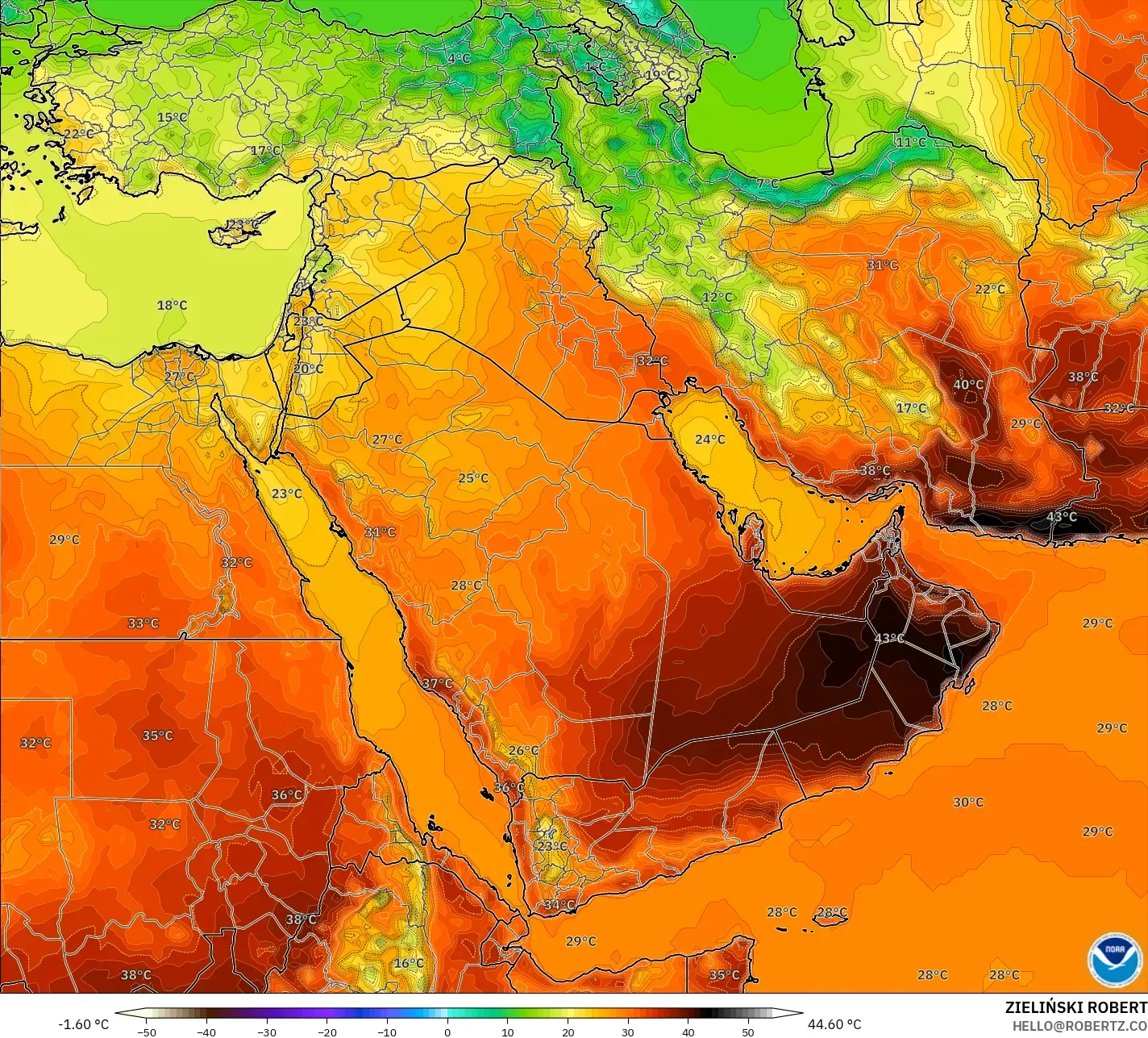 GFS modelo - Oriente Médio, Temperatura a 2 m
