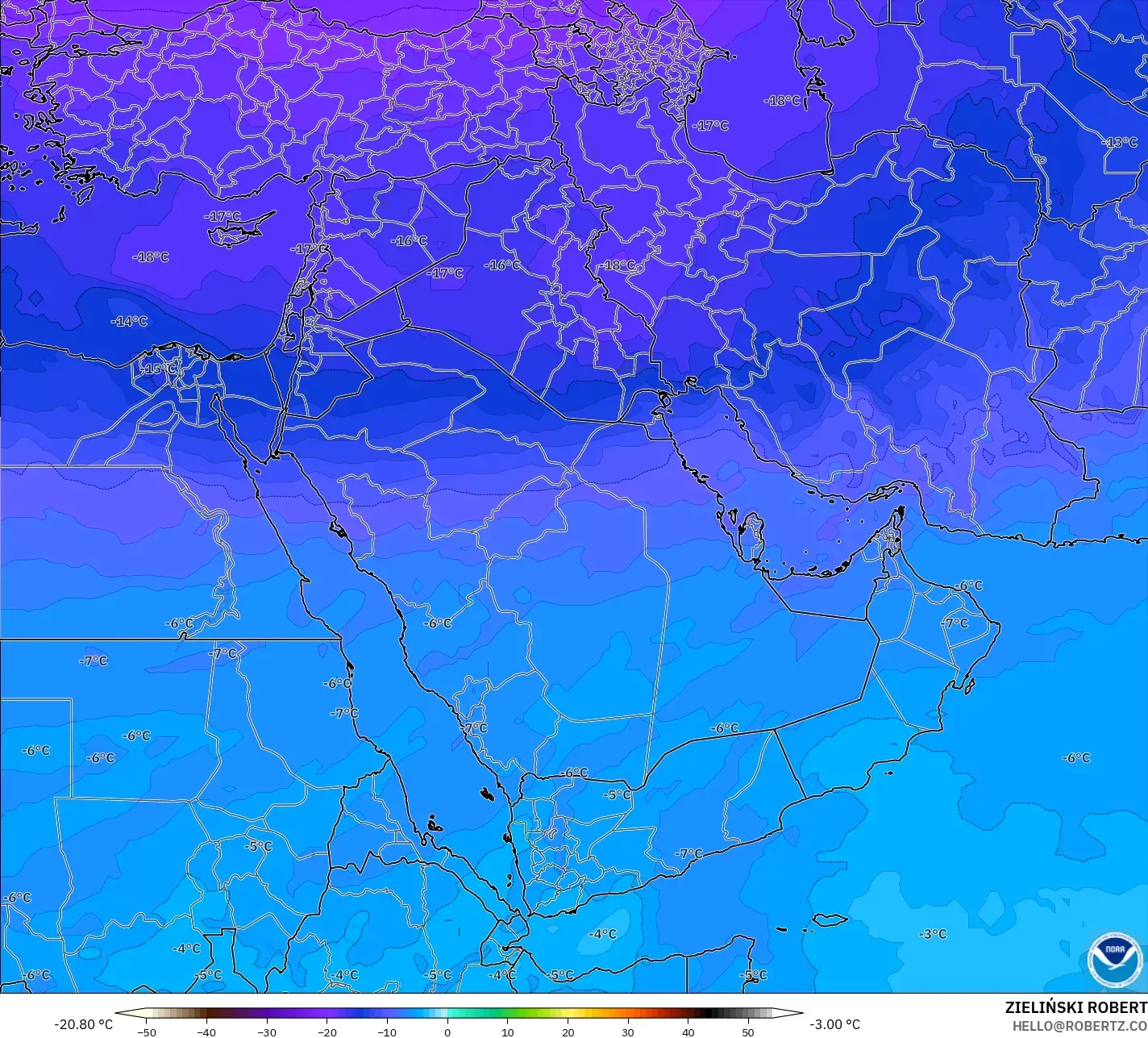 GFS modelo - Oriente Médio, Temperatura a 500 hPa