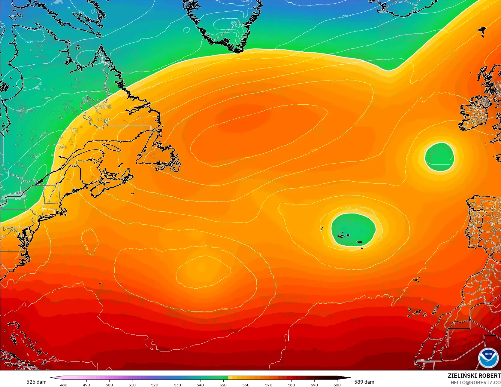GFS modelo - Atlântico Norte, Altura geopotencial a 500 hPa