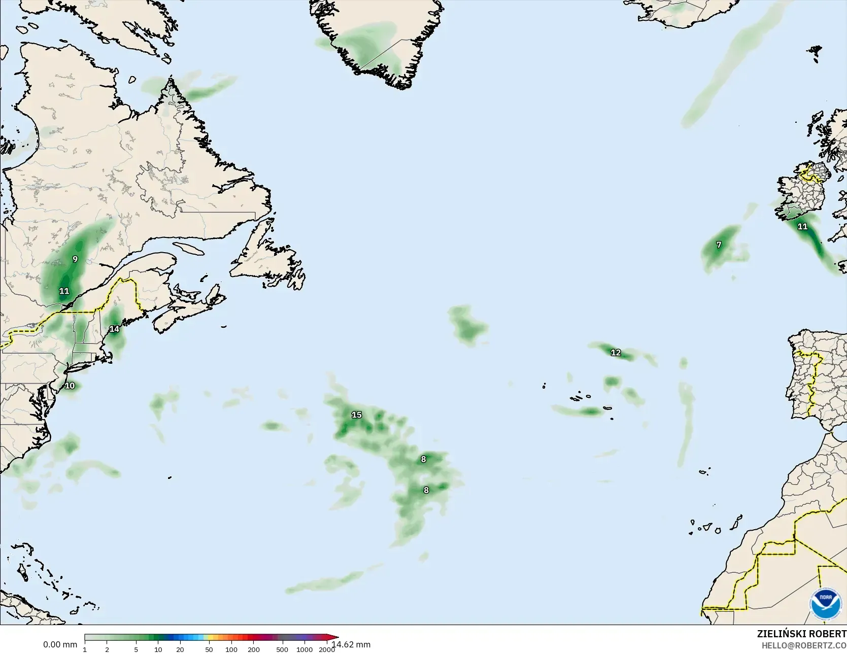 GFS modelo - Atlântico Norte, Acúmulo de precipitação