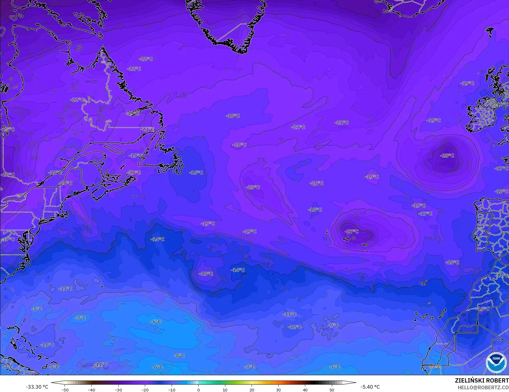 GFS modelo - Atlântico Norte, Temperatura a 500 hPa