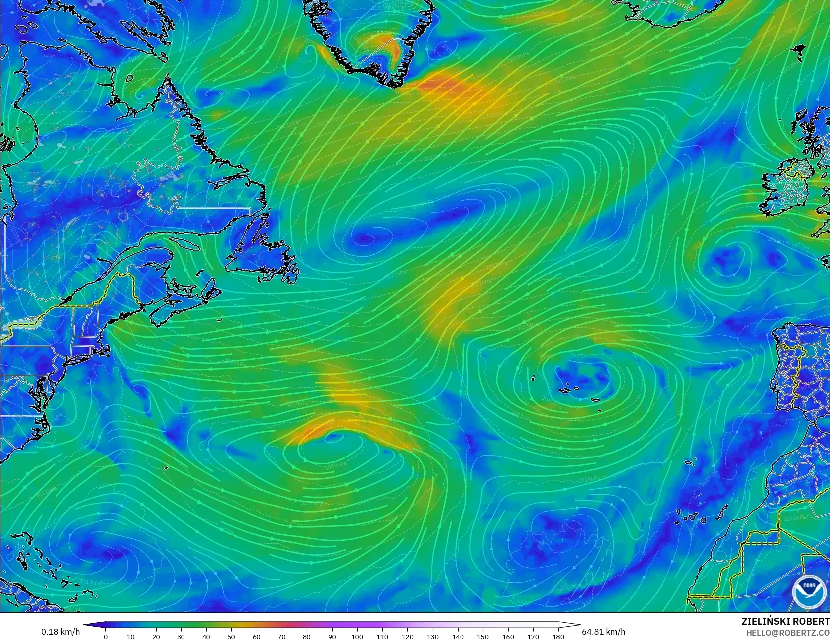 GFS modelo - Atlântico Norte, Vento a 10 m