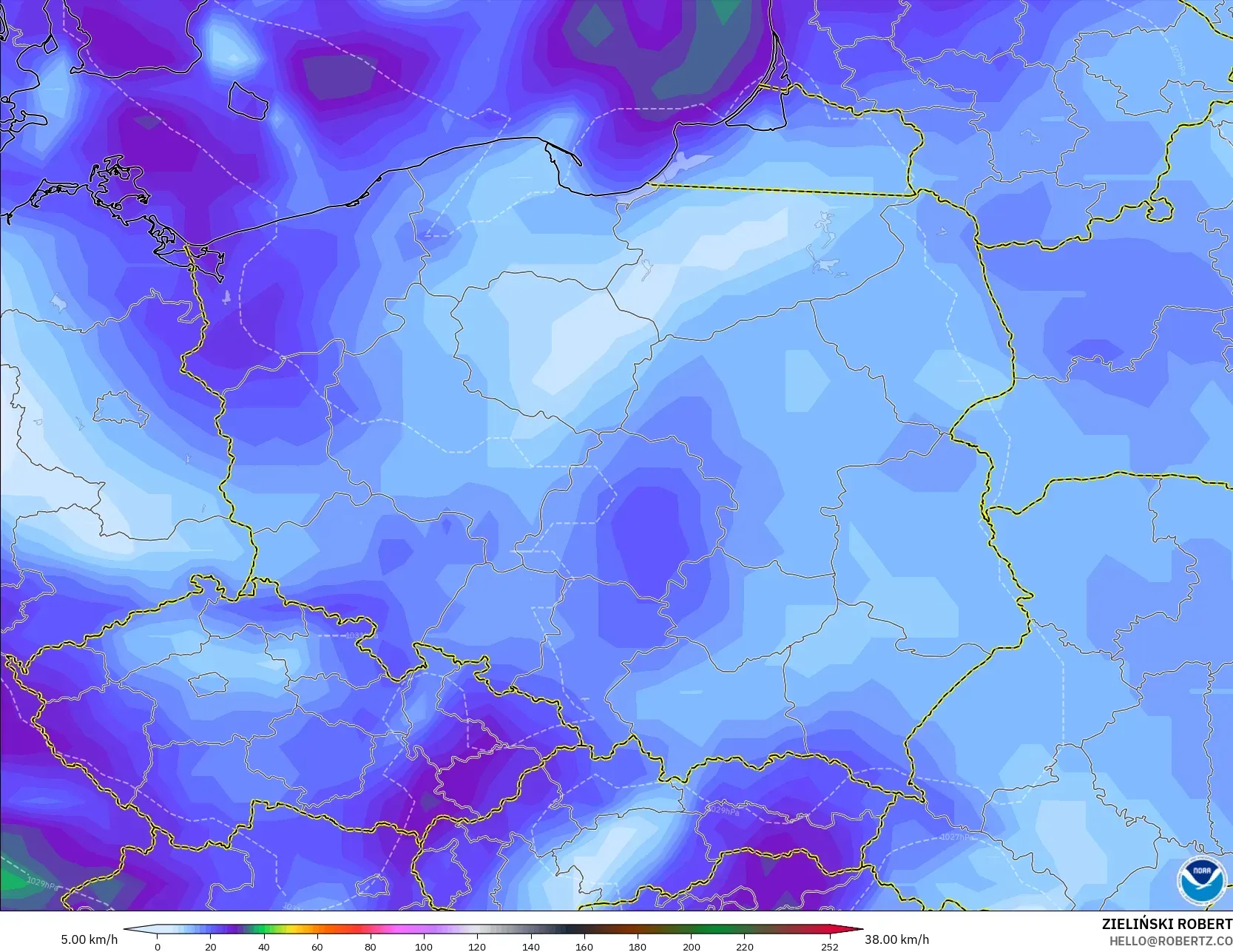 GFS modelo - Polônia, Rajadas de Vento Máximas