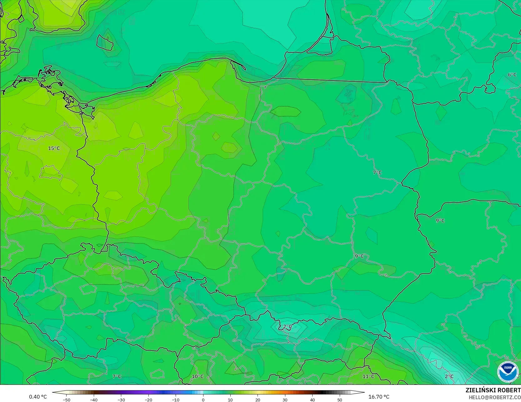 GFS modelo - Polônia, Temperatura a 2 m