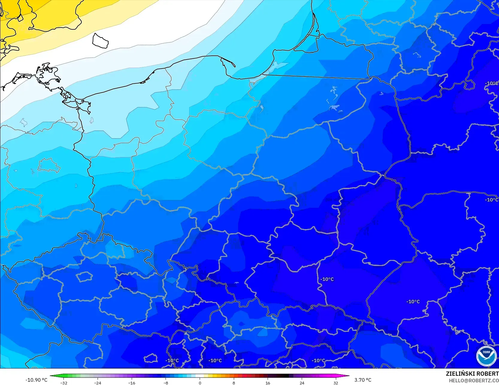GFS modelo - Polônia, Anomalia de temperatura a 850 hPa