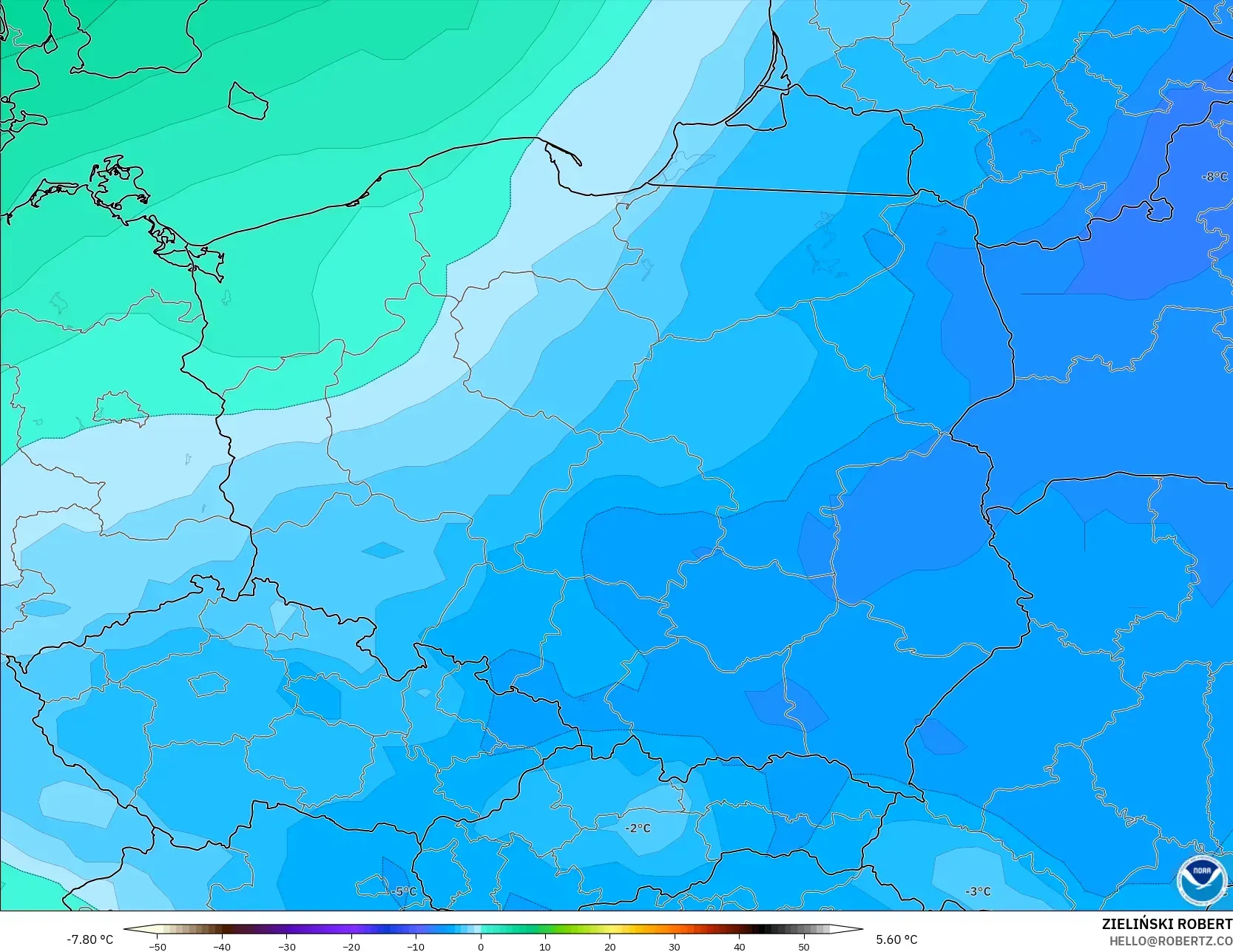 GFS modelo - Polônia, Temperatura a 850 hPa