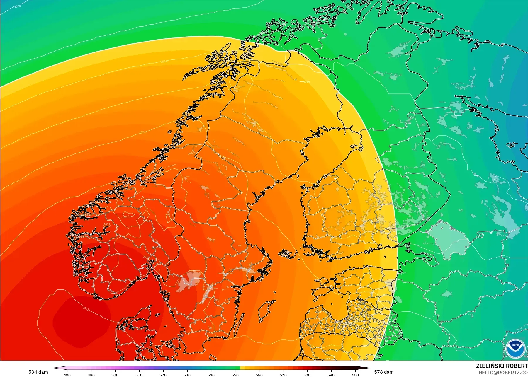 GFS modelo - Escandinávia, Altura geopotencial a 500 hPa