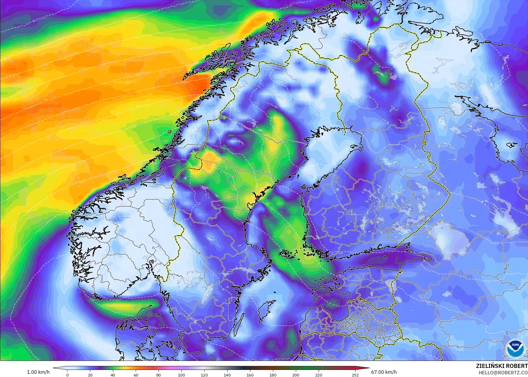 GFS modelo - Escandinávia, Rajadas de Vento Máximas