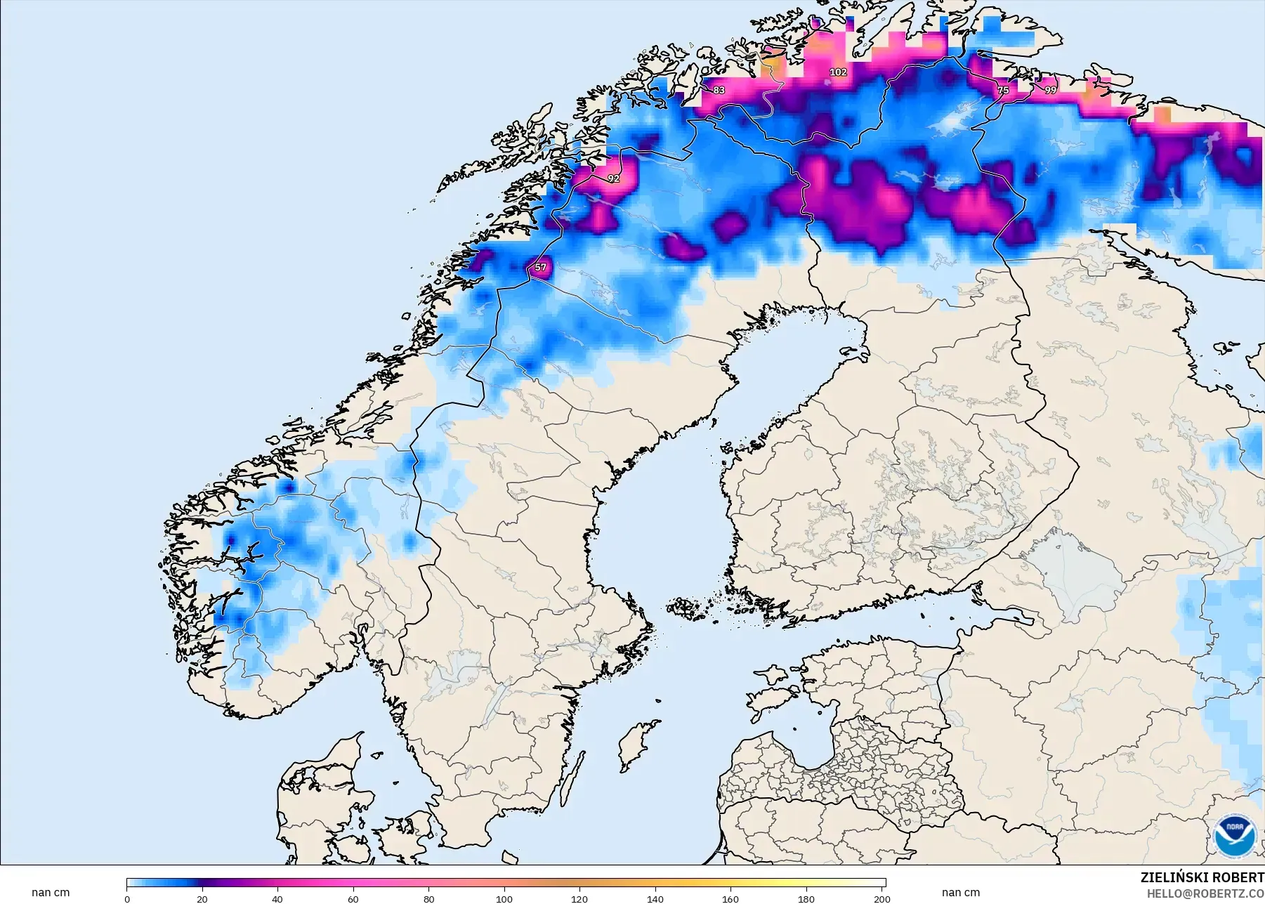 GFS modelo - Escandinávia, Profundidade da neve