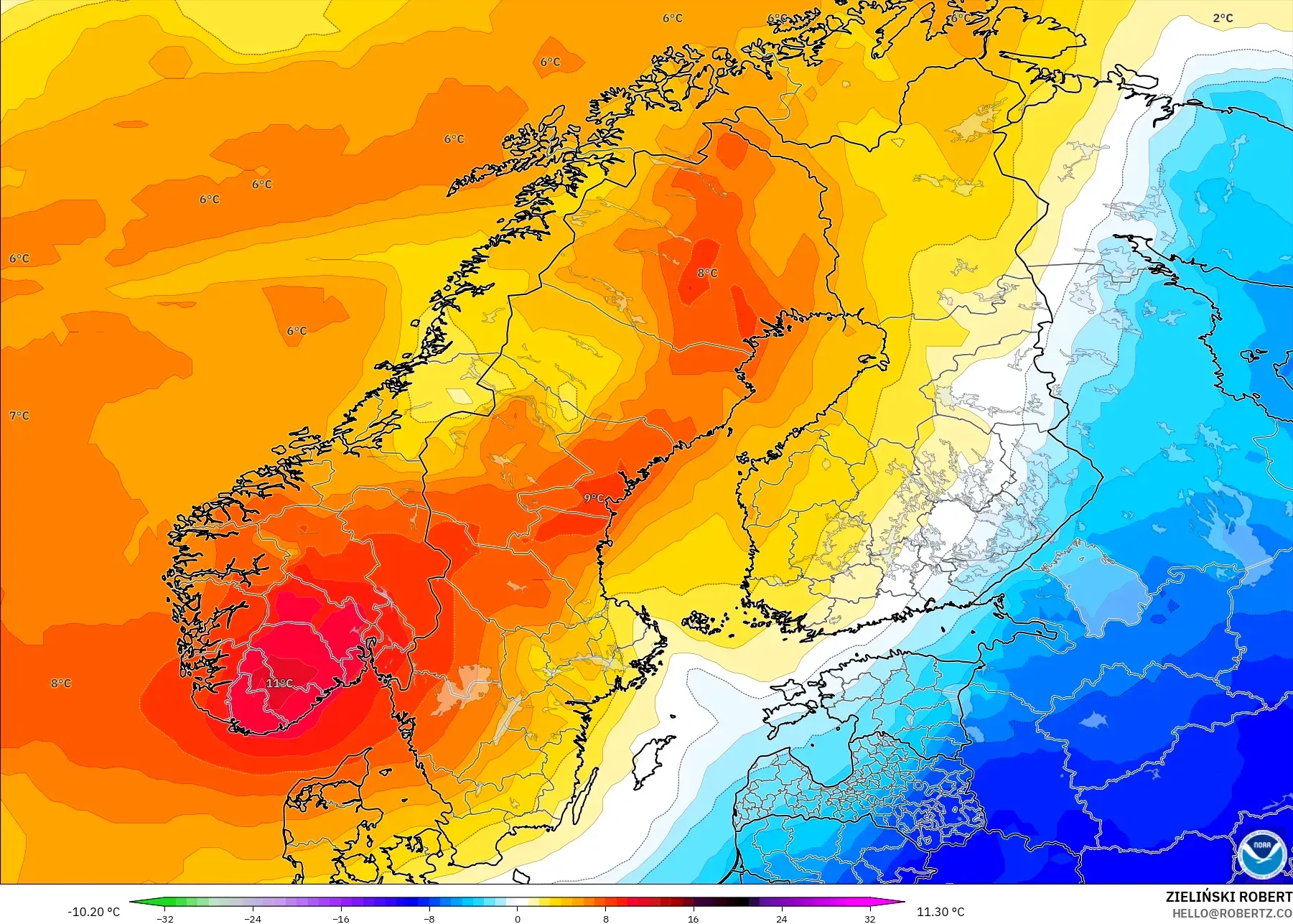 GFS modelo - Escandinávia, Anomalia de temperatura a 850 hPa
