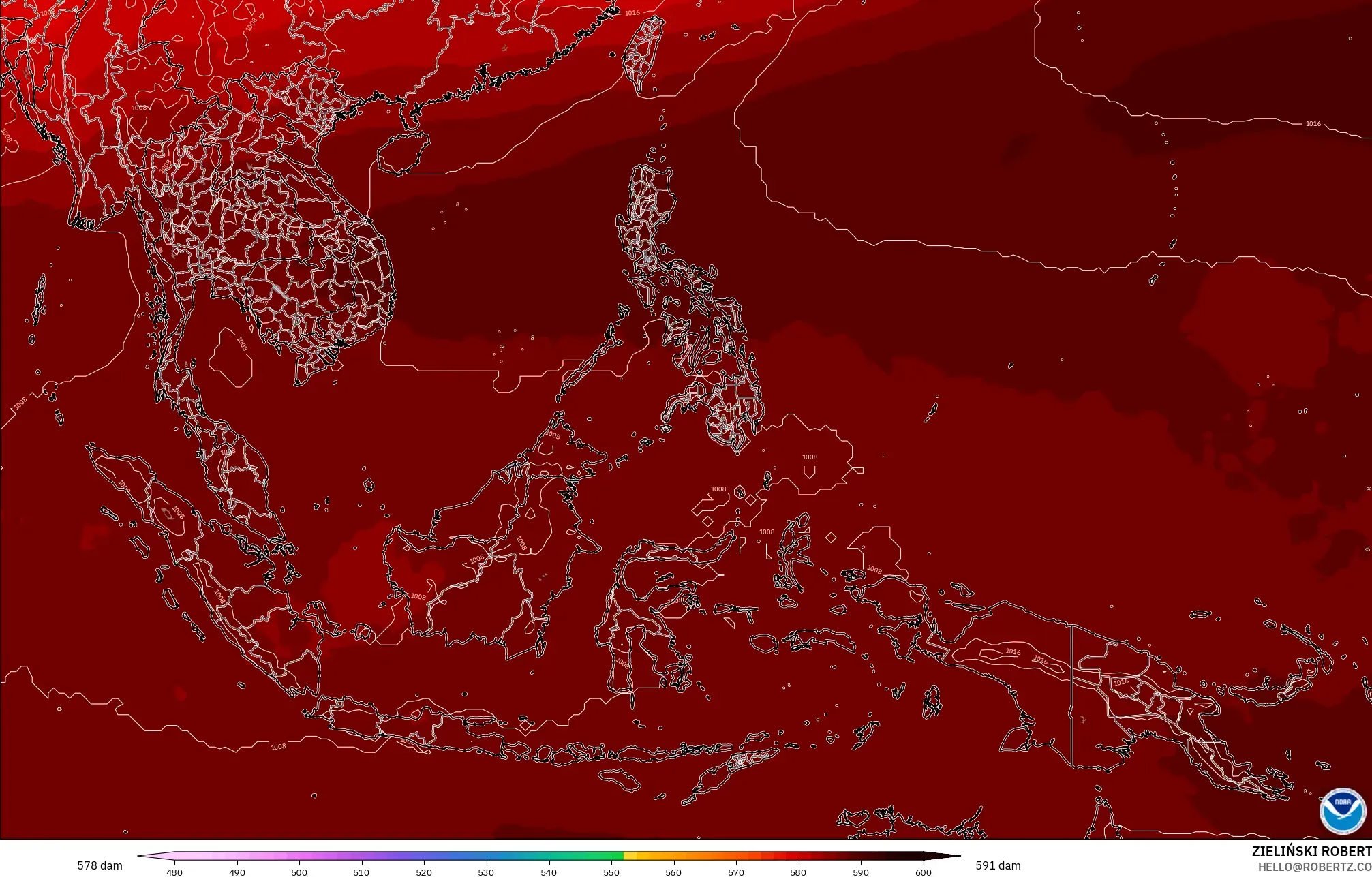 GFS modelo - Sudeste Asiático, Altura geopotencial a 500 hPa