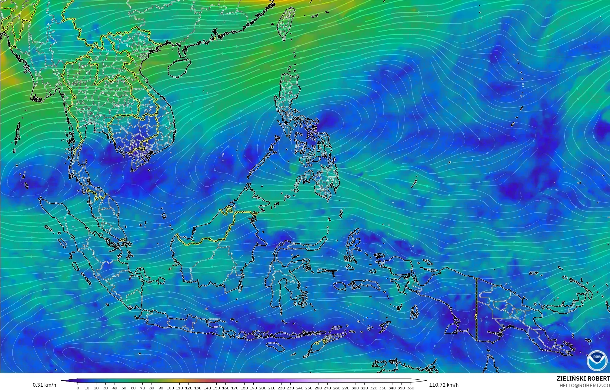 GFS modelo - Sudeste Asiático, Vento a 300 hPa (corrente em jato)