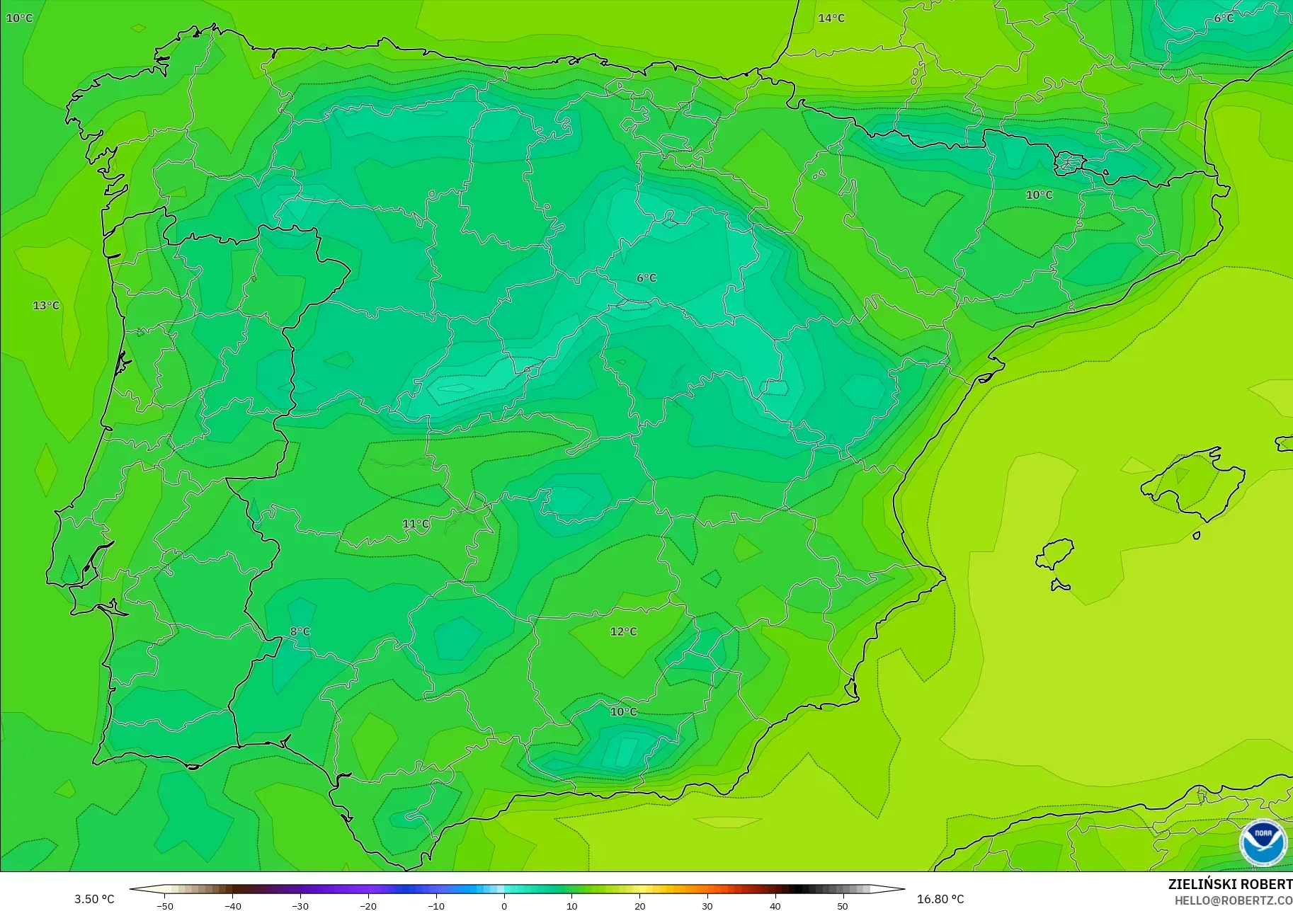 GFS modelo - Espanha, Ponto de orvalho a 2 m