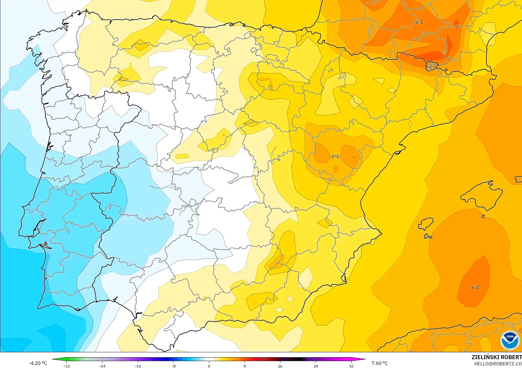 GFS modelo - Espanha, Anomalia de temperatura a 850 hPa