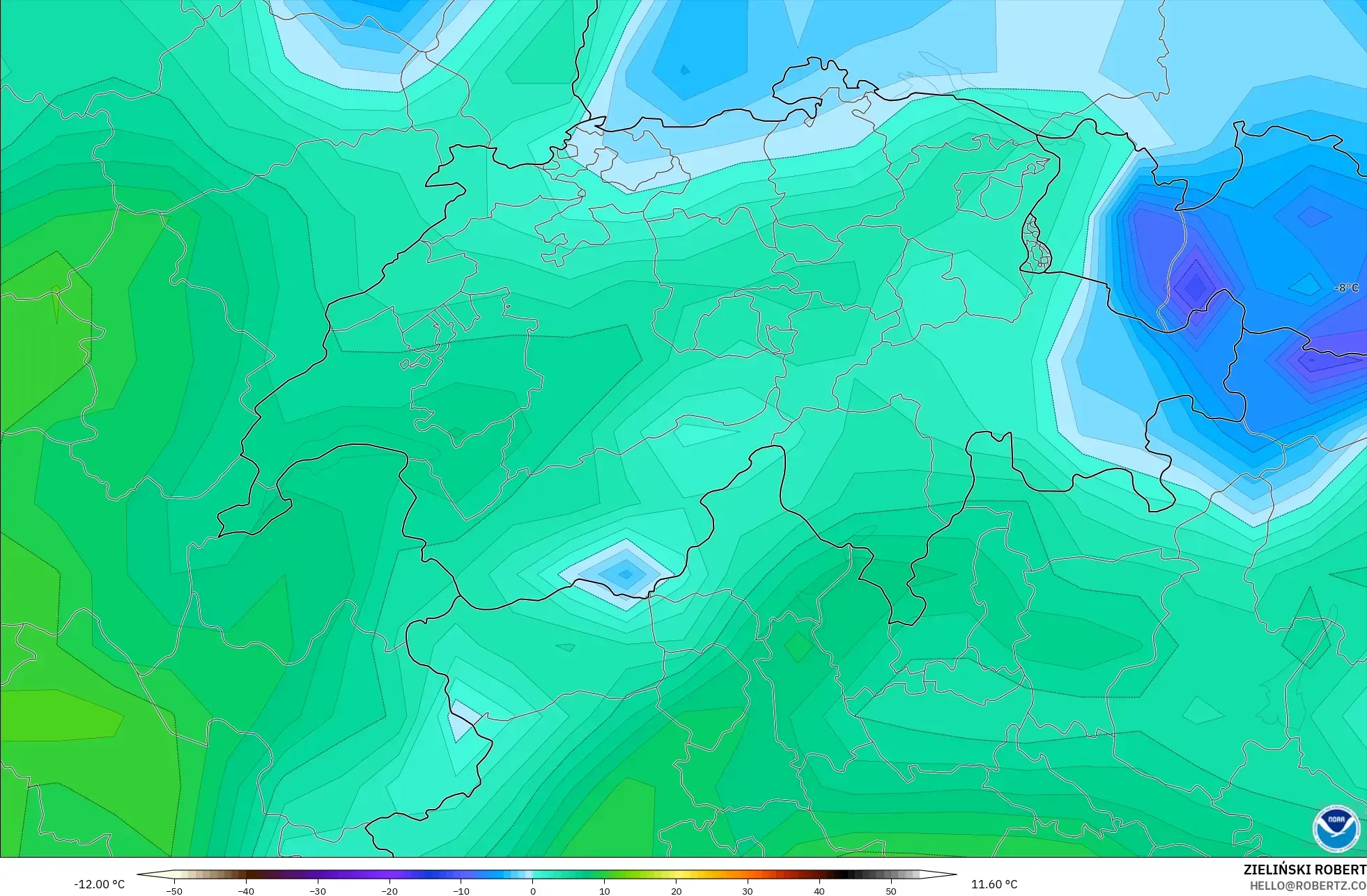 GFS modelo - Suíça, Ponto de orvalho a 2 m