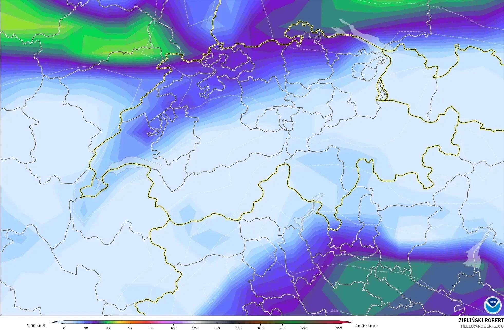 GFS modelo - Suíça, Rajadas de Vento Máximas