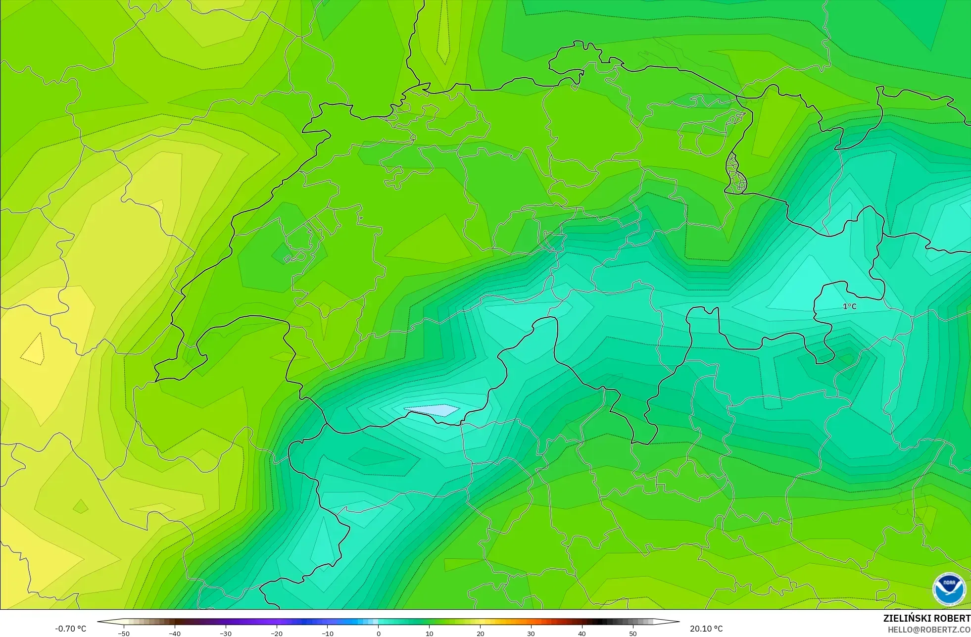 GFS modelo - Suíça, Temperatura a 2 m