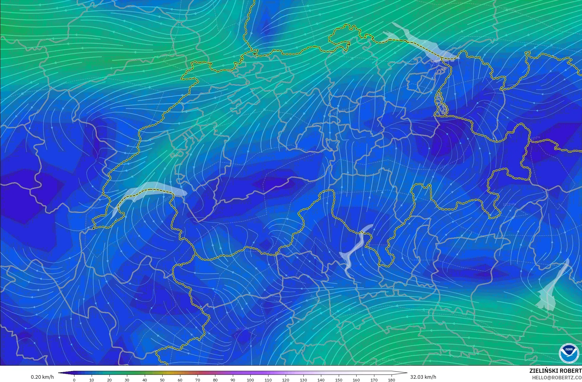 GFS modelo - Suíça, Vento a 10 m