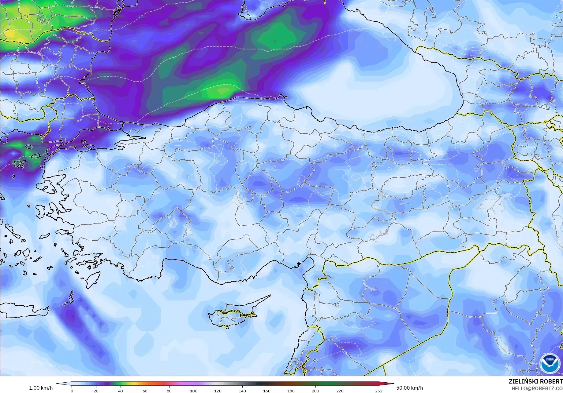 GFS modelo - Turquia, Rajadas de vento
