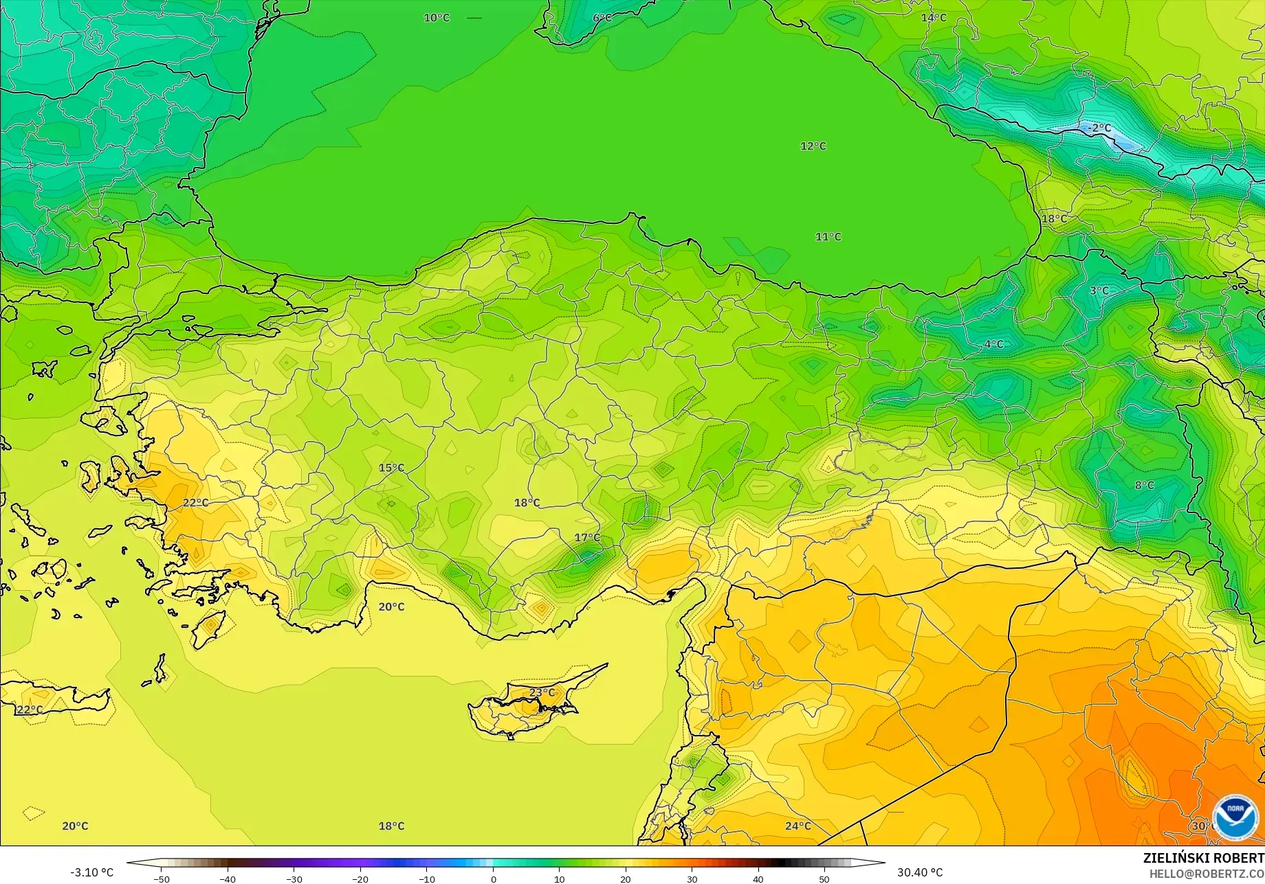 GFS modelo - Turquia, Temperatura a 2 m