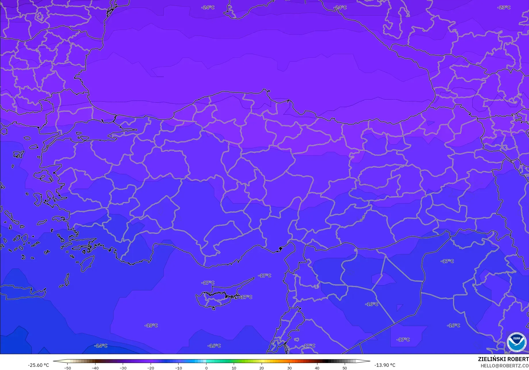GFS modelo - Turquia, Temperatura a 500 hPa