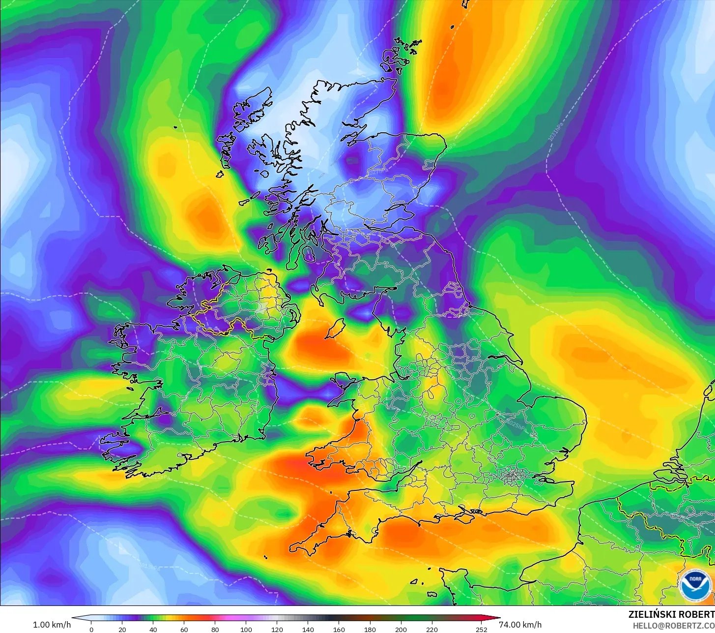GFS modelo - Reino Unido, Rajadas de vento