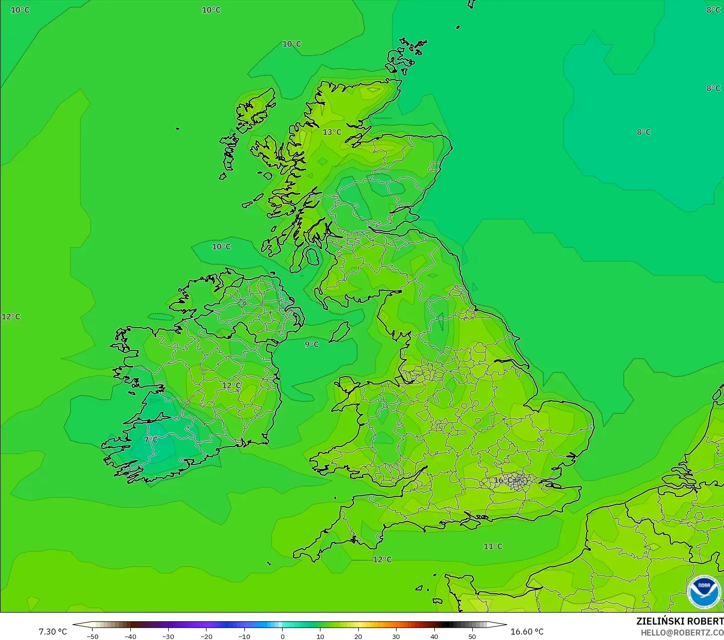 GFS modelo - Reino Unido, Temperatura a 2 m
