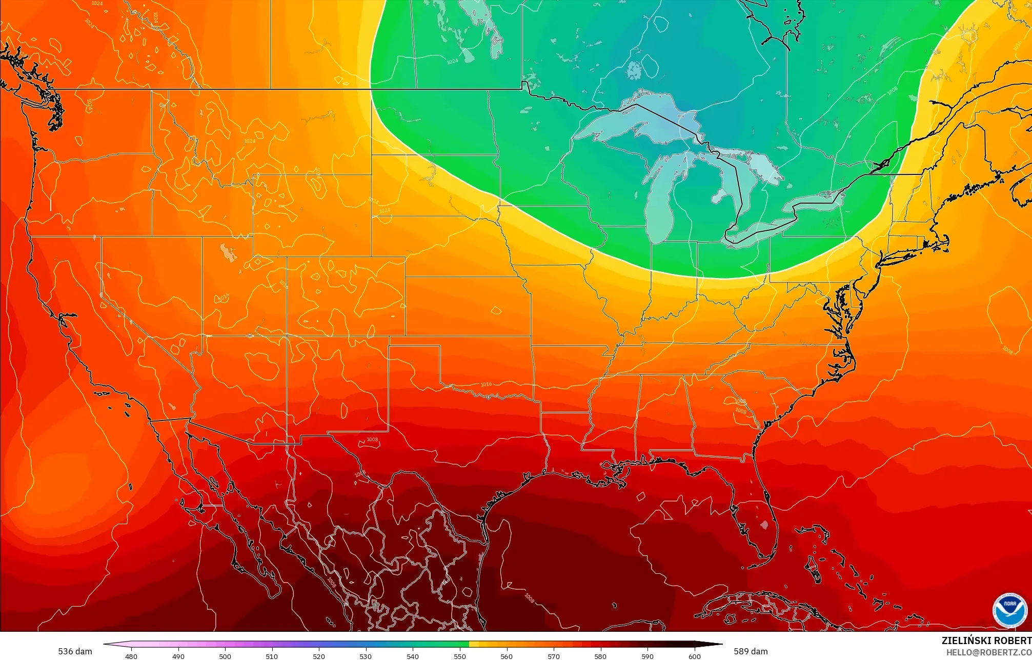 GFS modelo - Estados Unidos, Altura geopotencial a 500 hPa