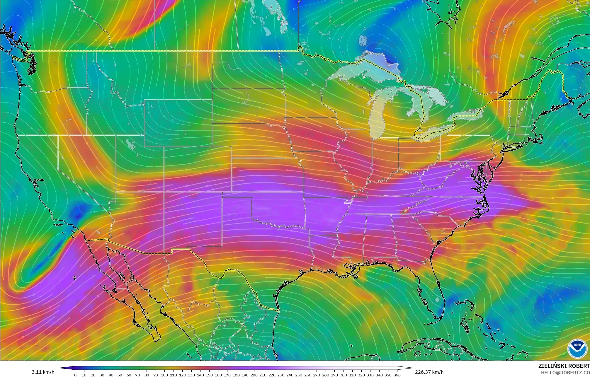 GFS modelo - Estados Unidos, Vento a 300 hPa (corrente em jato)