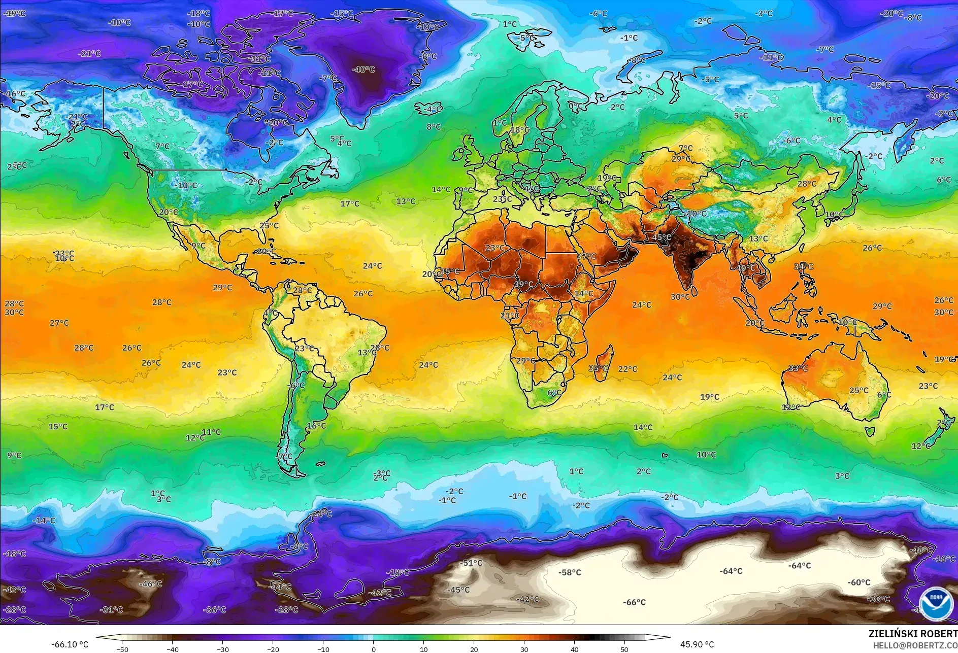 GFS modelo - Mundo, Temperatura a 2 m