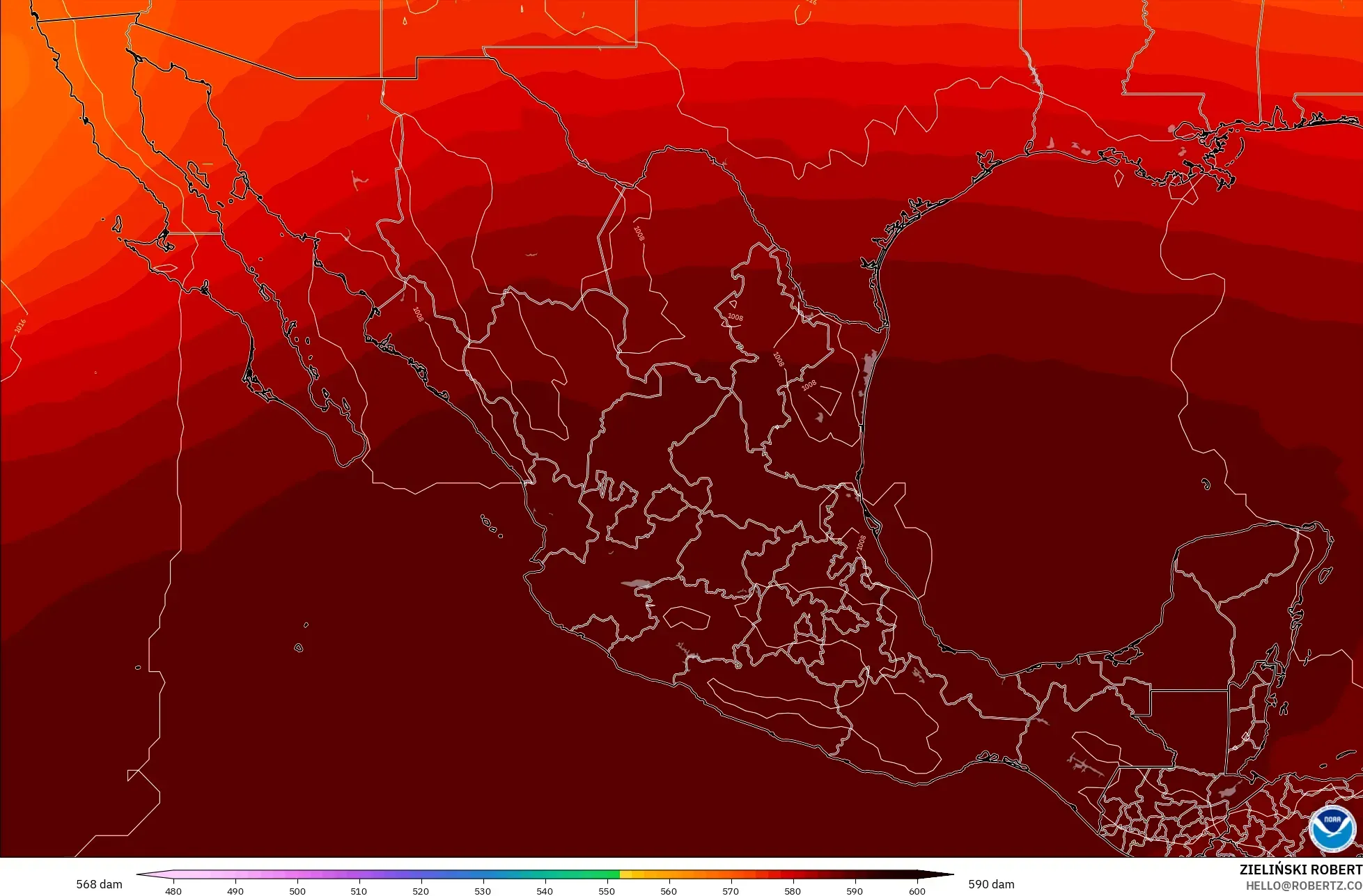 GFS modelo - México, Altura geopotencial a 500 hPa