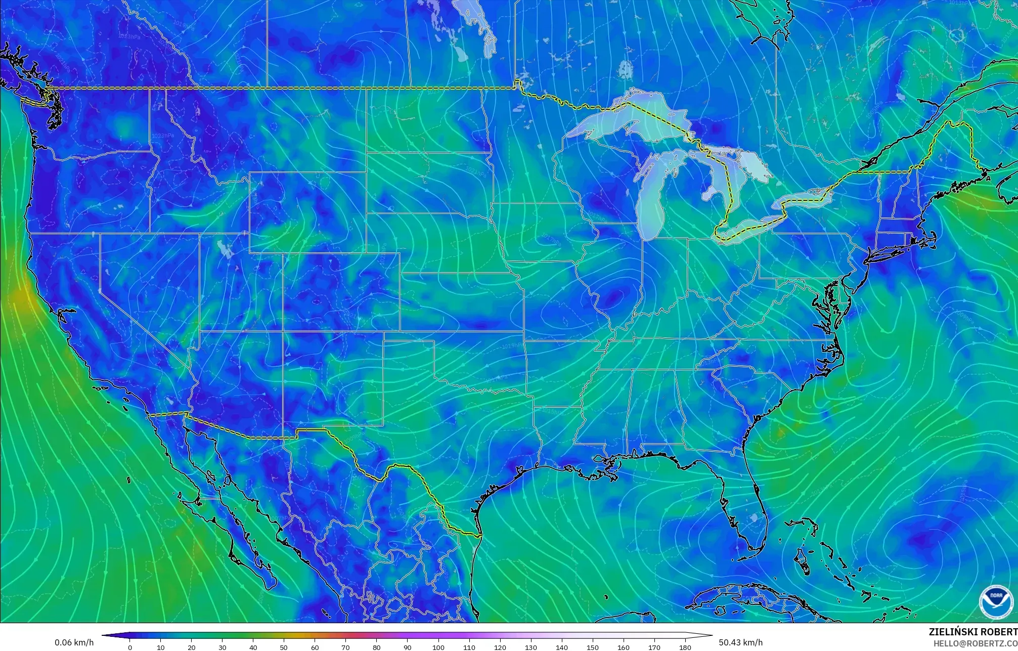 GFS modelo - Estados Unidos, Vento a 10 m