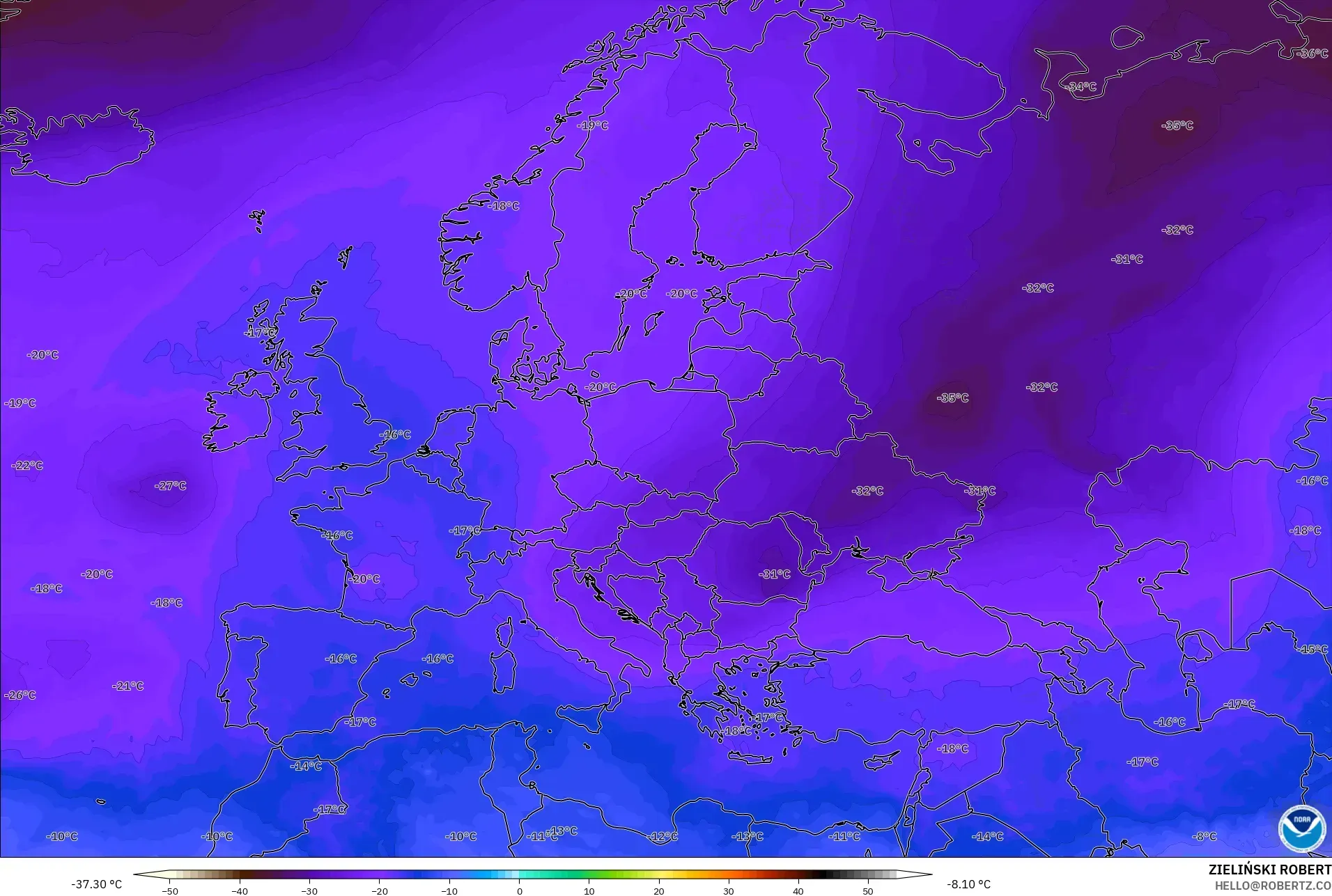 GFS modelo - Europa, Temperatura a 500 hPa