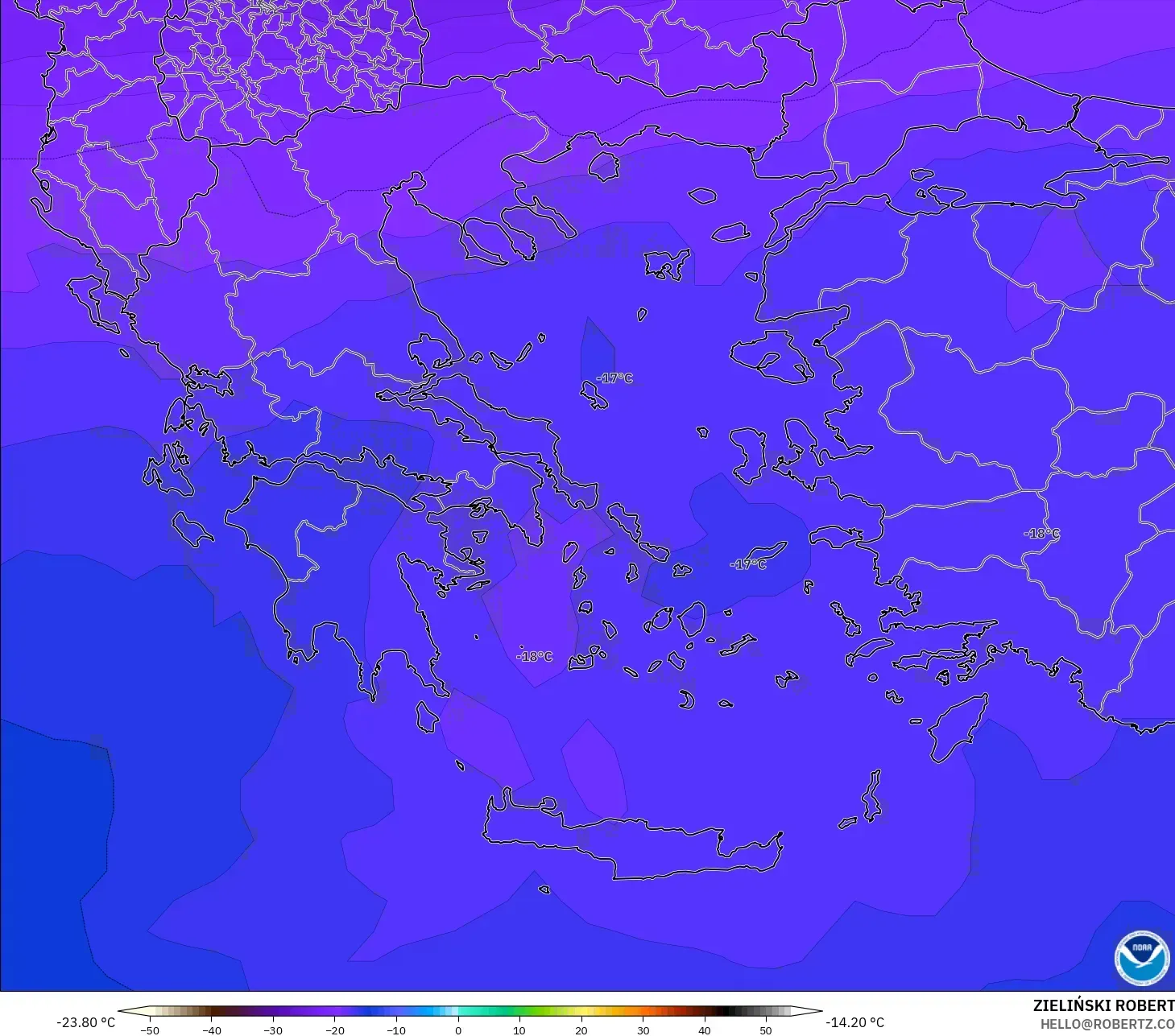 GFS modelo - Grécia, Temperatura a 500 hPa