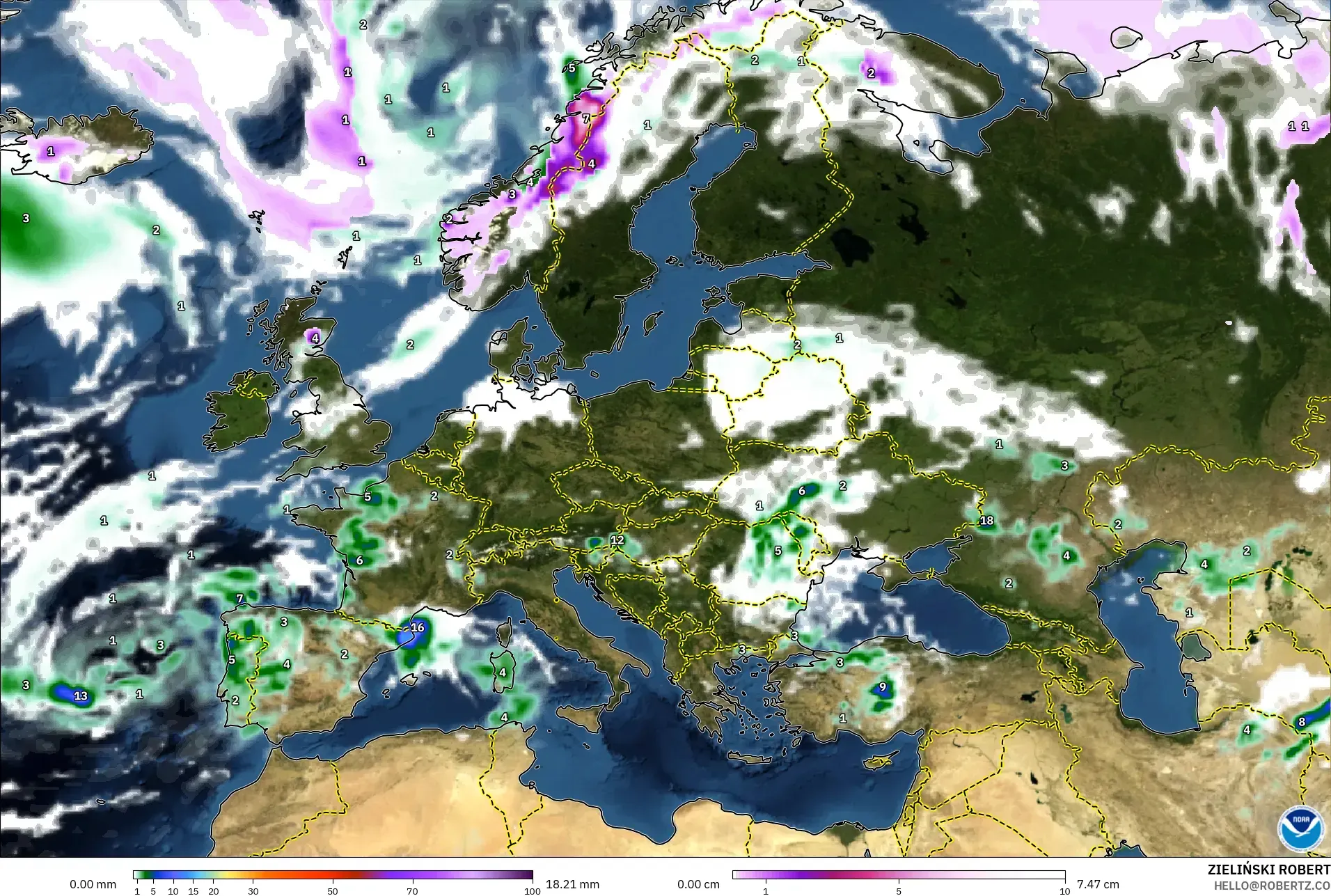 GFS modelo - Europa, Precipitação, nuvens e pressão
