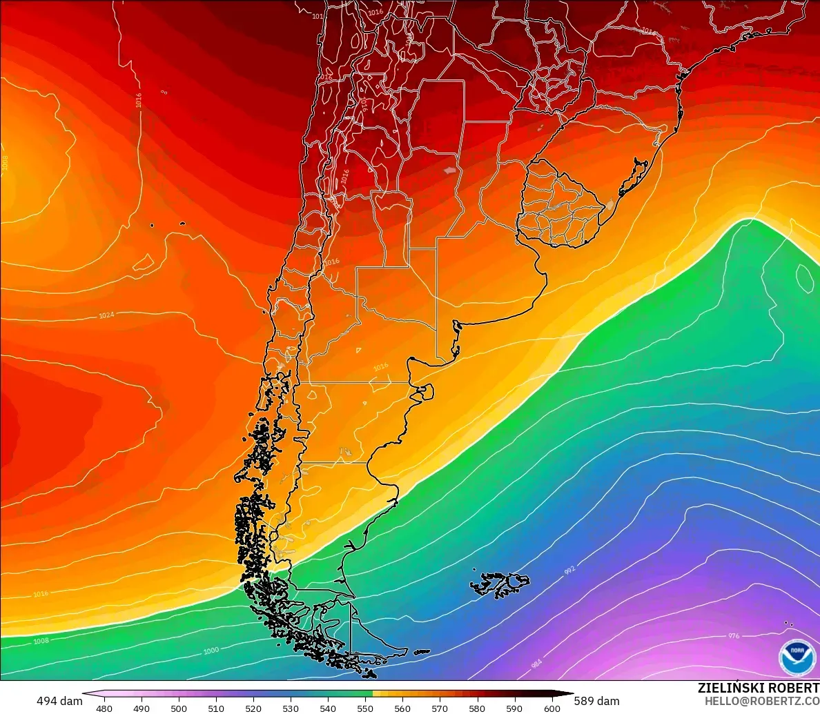 GFS modelo - Argentina, Altura geopotencial a 500 hPa