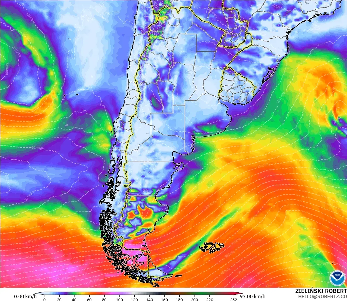 GFS modelo - Argentina, Rajadas de vento