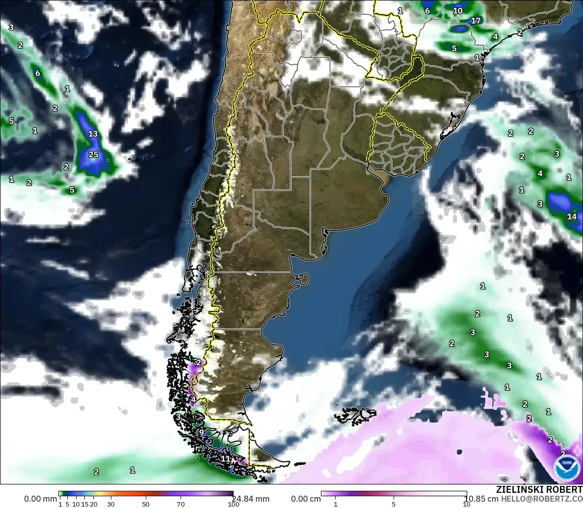 GFS modelo - Argentina, Precipitação, nuvens e pressão