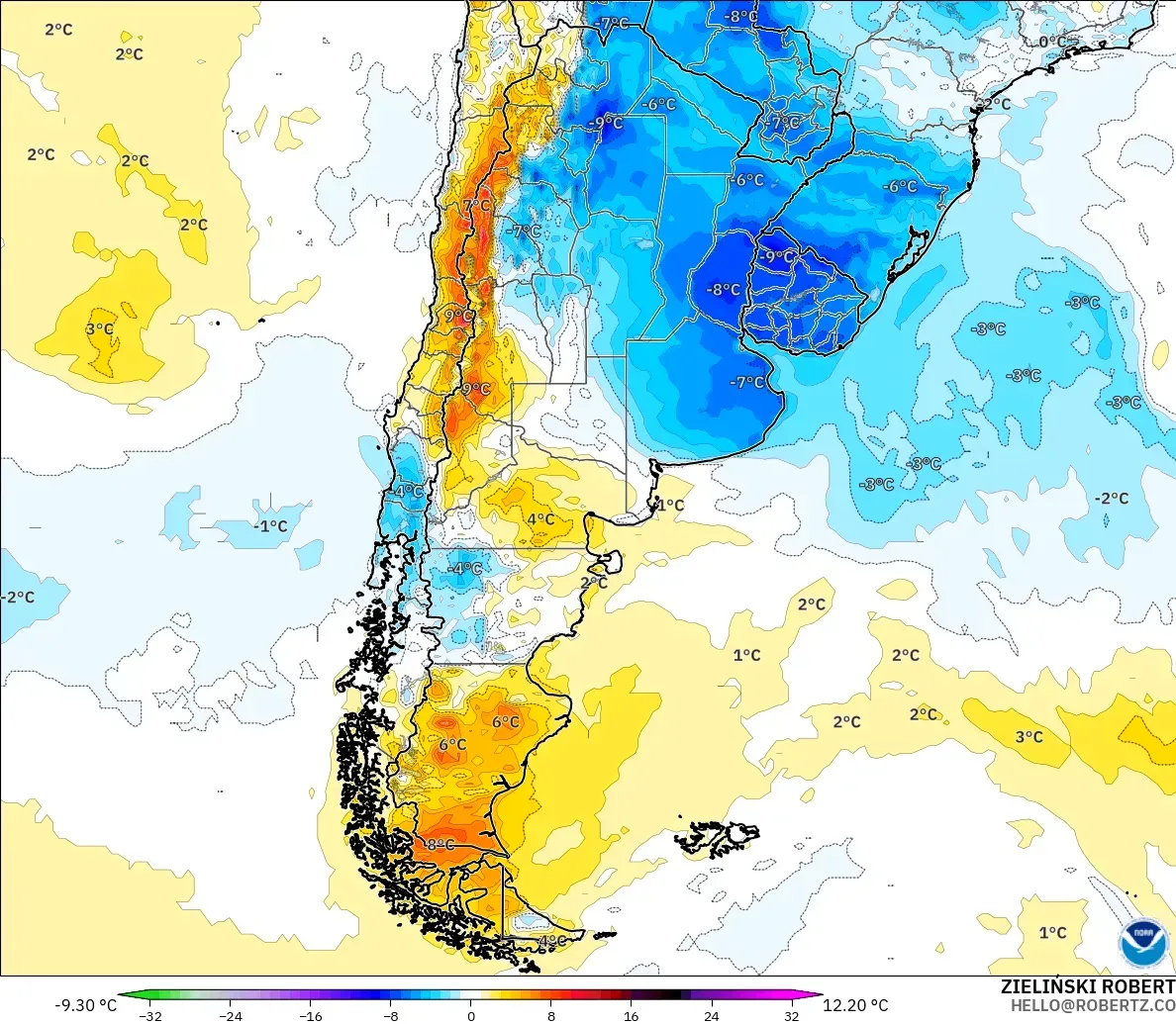 GFS modelo - Argentina, Anomalia de temperatura a 2 m